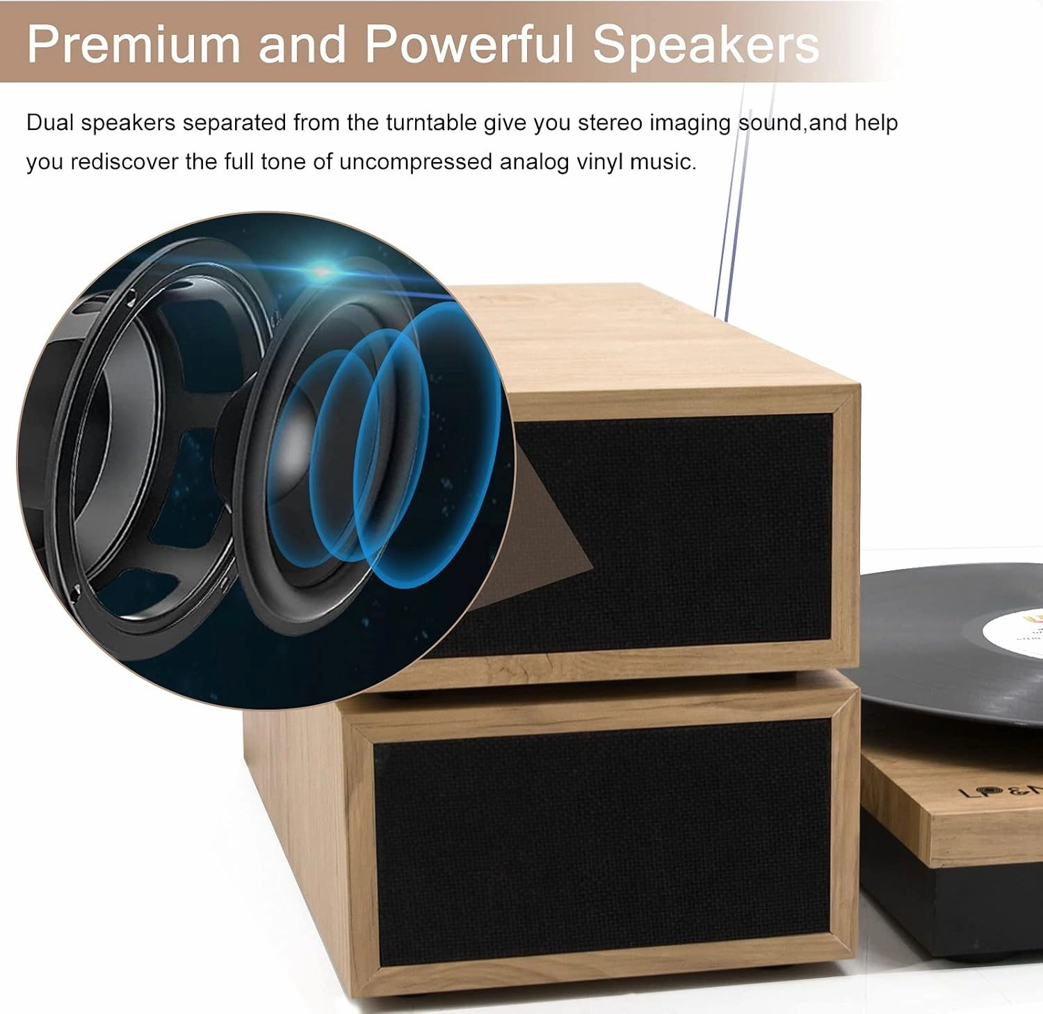 LP&No.1 Vinyl Record Player with Stereo Bookshelf Speakers, 3-Speed Belt-Drive Turntable for Vinyl Albums with Wireless Music Playback, Built-in Pre-Amplifier & Auto Stop | Beige Wood