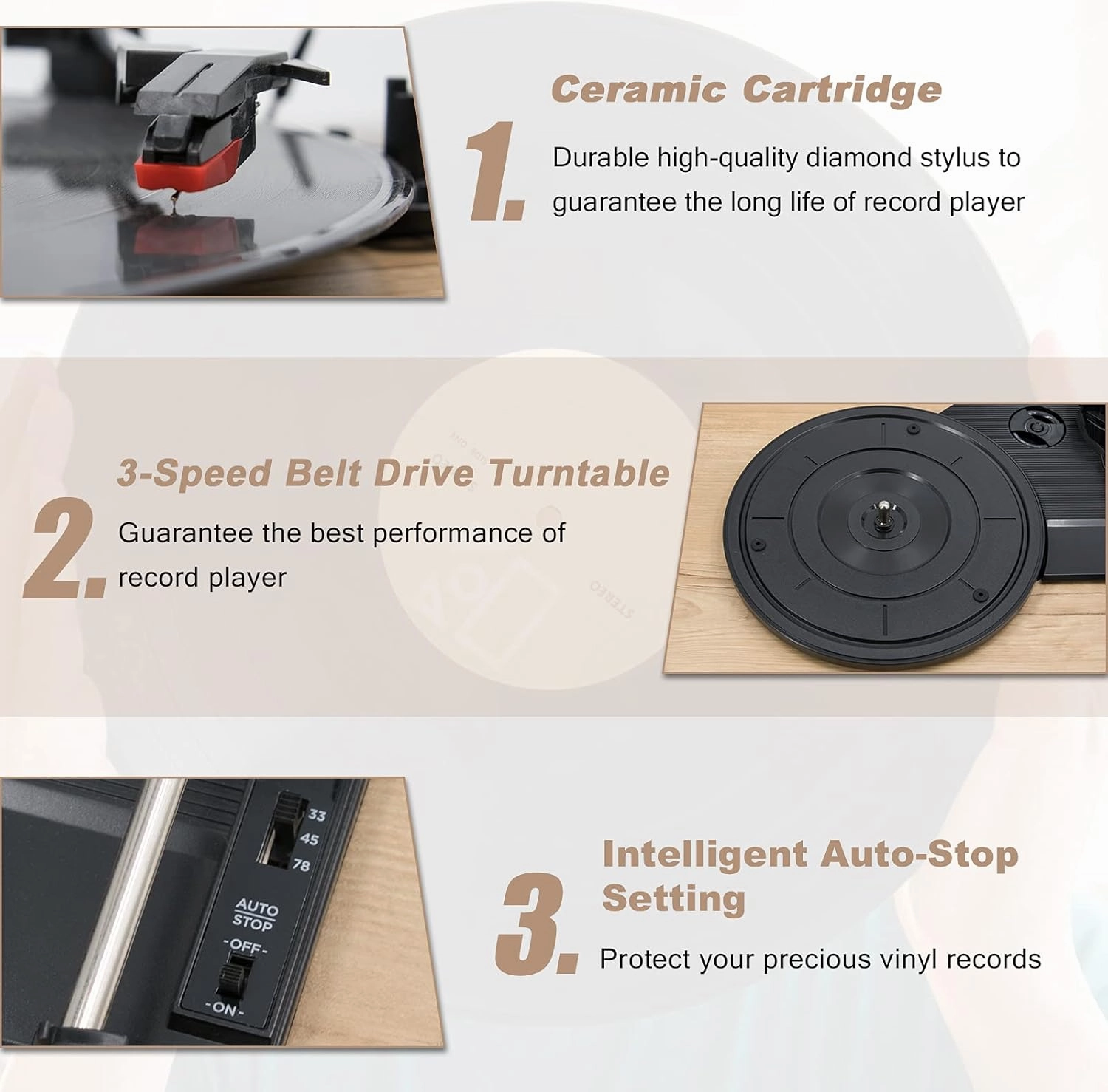 LP&No.1 Vinyl Record Player with Stereo Bookshelf Speakers, 3-Speed Belt-Drive Turntable for Vinyl Albums with Wireless Music Playback, Built-in Pre-Amplifier & Auto Stop | Beige Wood