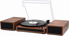 LP&No.1 Vinyl Record Player with Stereo Bookshelf Speakers, Vintage Wood Finish, 3-Speed Belt-Drive Turntable with Wireless Input Playback Mode, RCA Output, Auto Stop | Mahogany belt-drive turntable,vinyl record player,audiophile turntable,