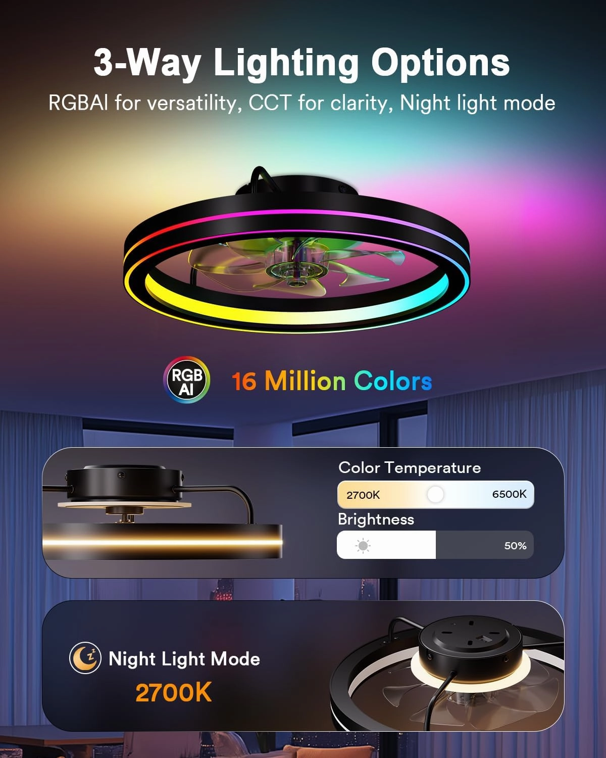 Lumary Smart Ceiling Fan Light with 2200K Nightlight, WiFi & Bluetooth Low Profile Ceiling Fan with Light Remote for Bedroom, RGBAI & 42 Scenes Mode, Flush Mount Easy to Install, 5000 LM, 19in Black
