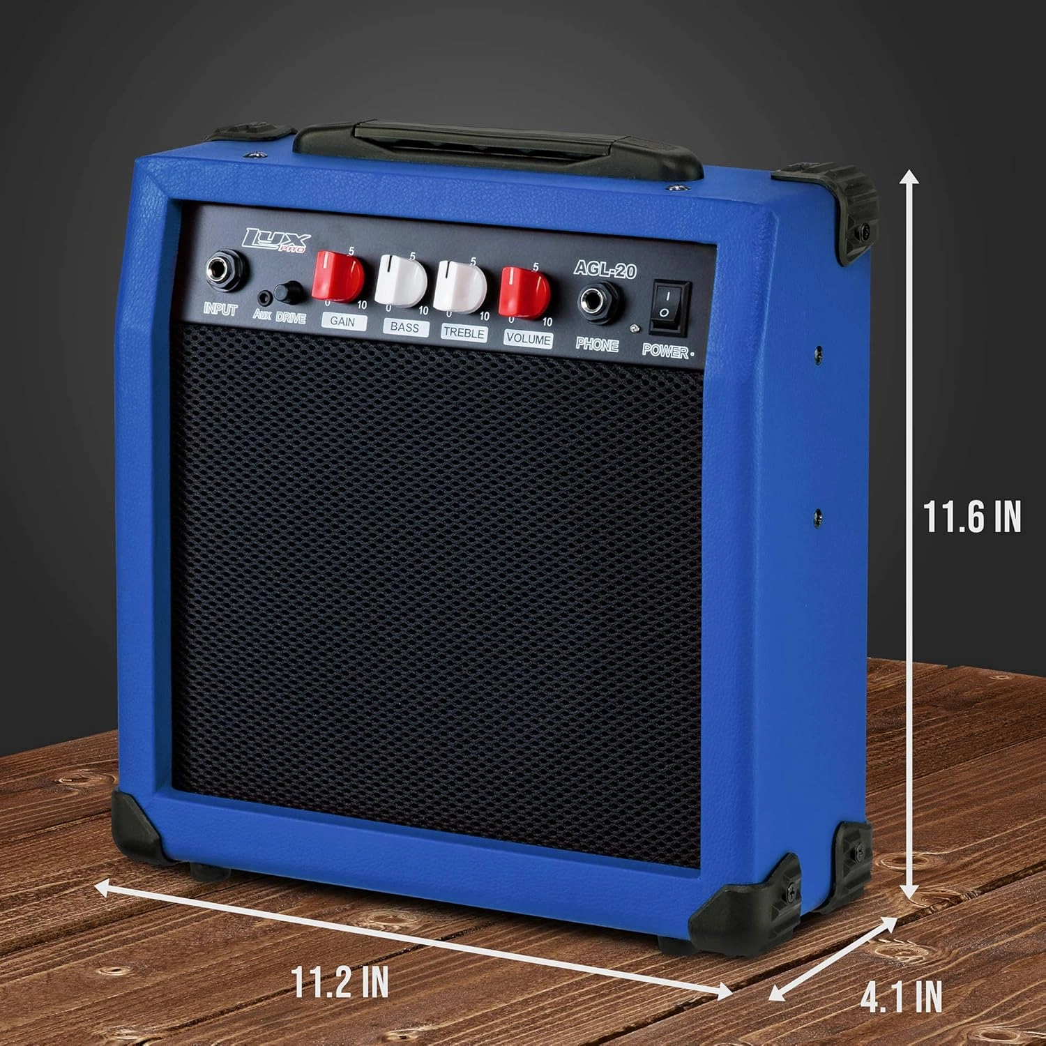 LyxPro Electric Guitar Amp 20 Watt Amplifier Built in Speaker Headphone Jack and Aux Input Includes Gain Bass Treble Volume and Grind - Blue