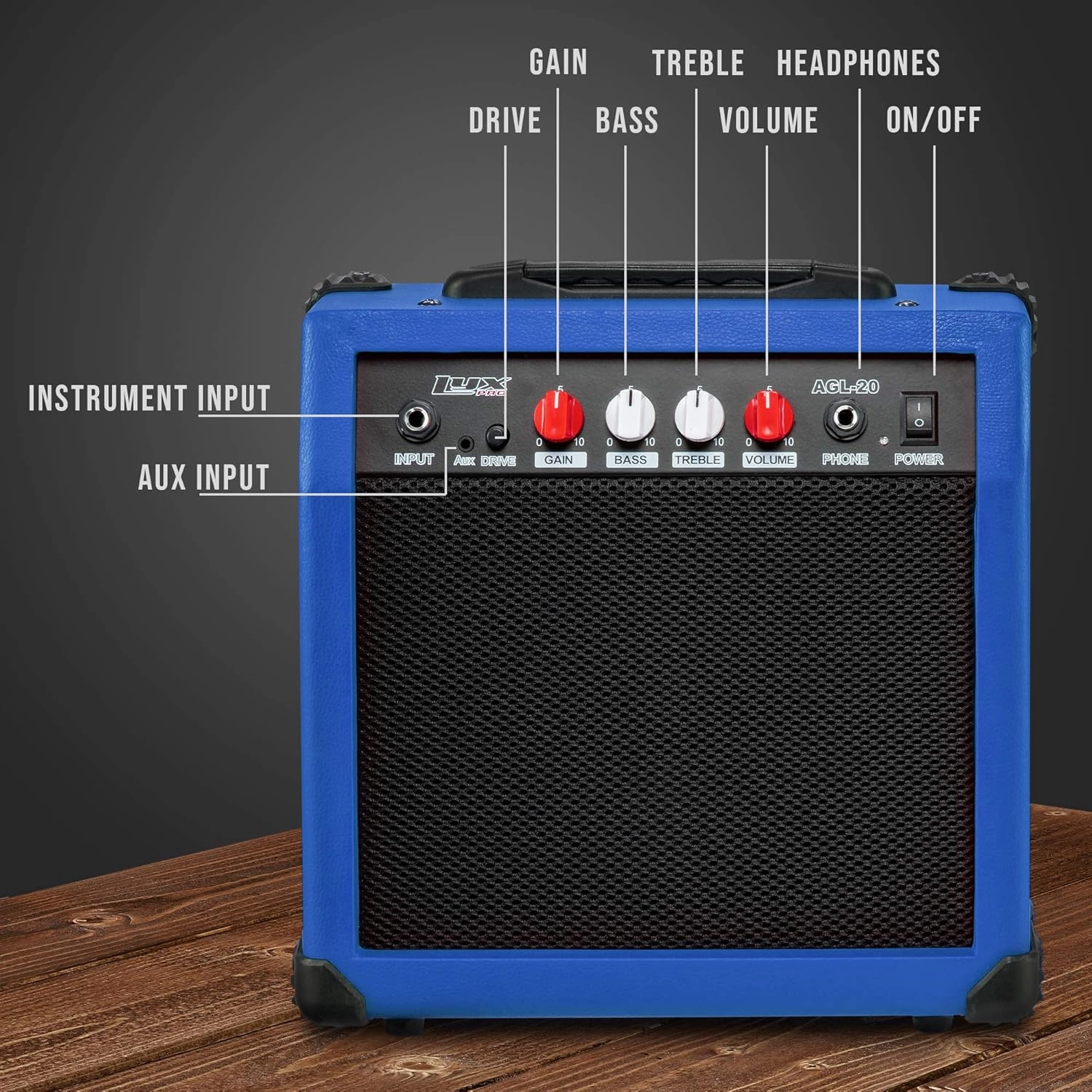 LyxPro Electric Guitar Amp 20 Watt Amplifier Built in Speaker Headphone Jack and Aux Input Includes Gain Bass Treble Volume and Grind - Blue