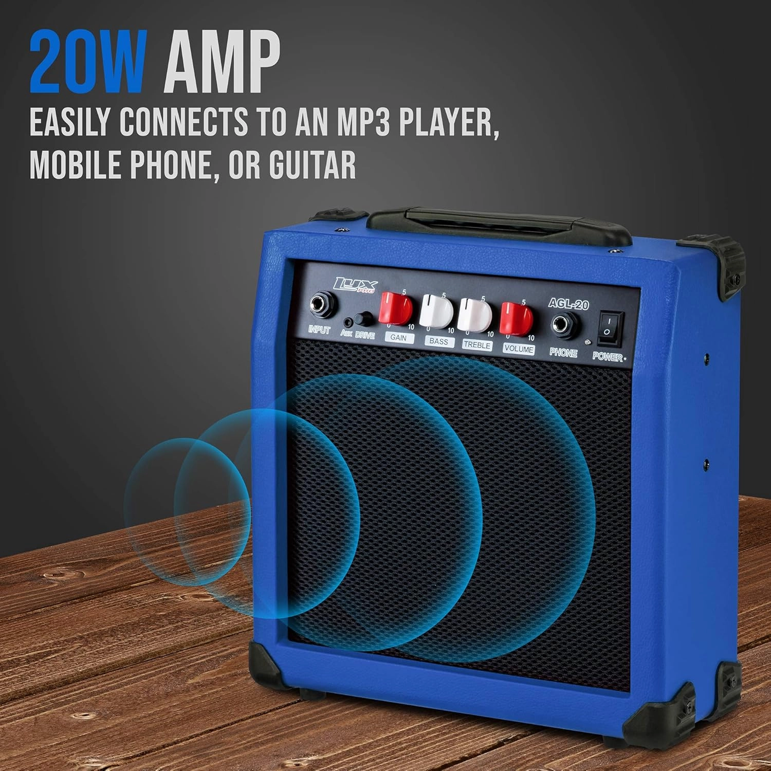 LyxPro Electric Guitar Amp 20 Watt Amplifier Built in Speaker Headphone Jack and Aux Input Includes Gain Bass Treble Volume and Grind - Blue