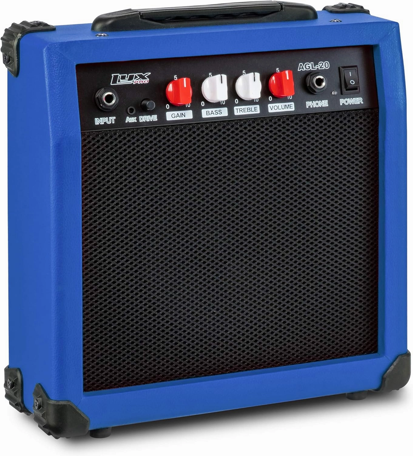 LyxPro Electric Guitar Amp 20 Watt Amplifier Built in Speaker Headphone Jack and Aux Input Includes Gain Bass Treble Volume and Grind - Blue