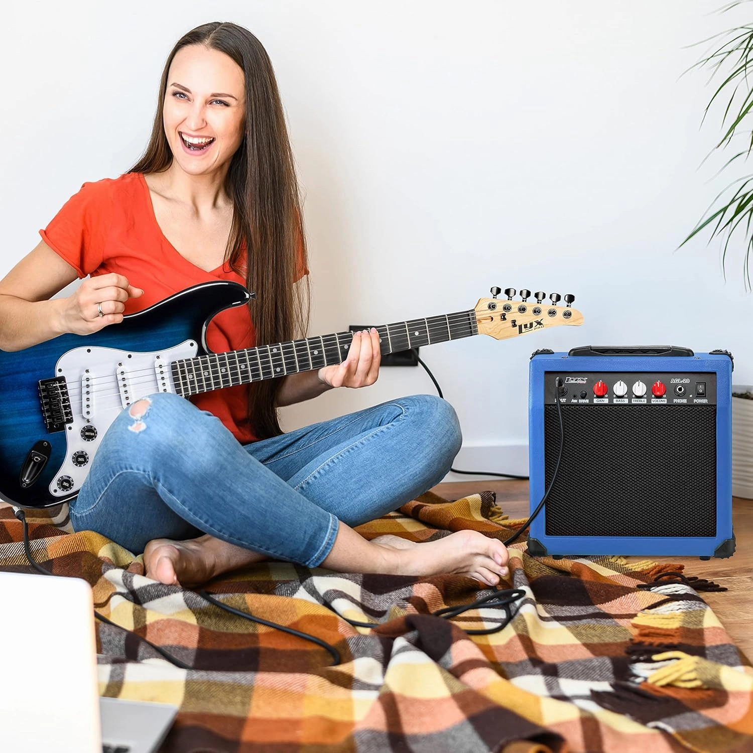 LyxPro Electric Guitar Amp 20 Watt Amplifier Built in Speaker Headphone Jack and Aux Input Includes Gain Bass Treble Volume and Grind - Blue