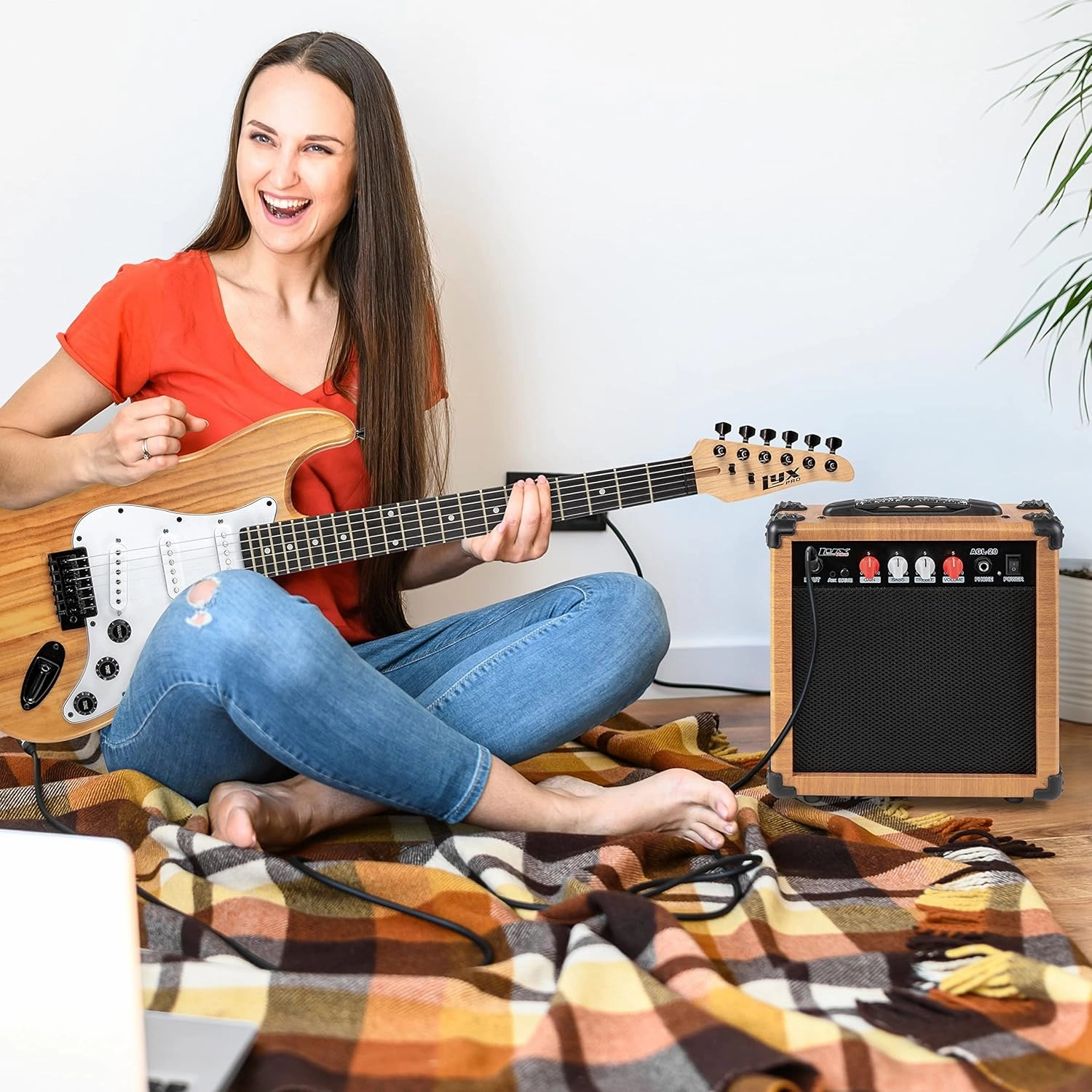 LyxPro Electric Guitar Amp 20 Watt Amplifier Built In Speaker Headphone Jack And Aux Input Includes Gain Bass Treble Volume And Grind - Natural
