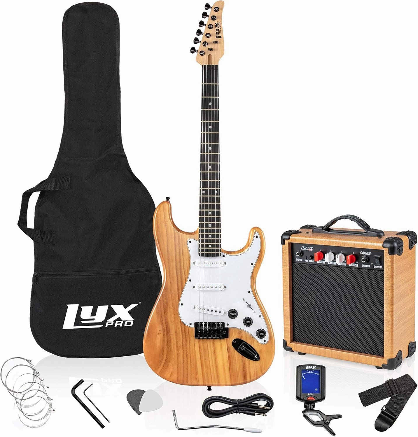 LyxPro Electric Guitar Amp 20 Watt Amplifier Built In Speaker Headphone Jack And Aux Input Includes Gain Bass Treble Volume And Grind - Natural