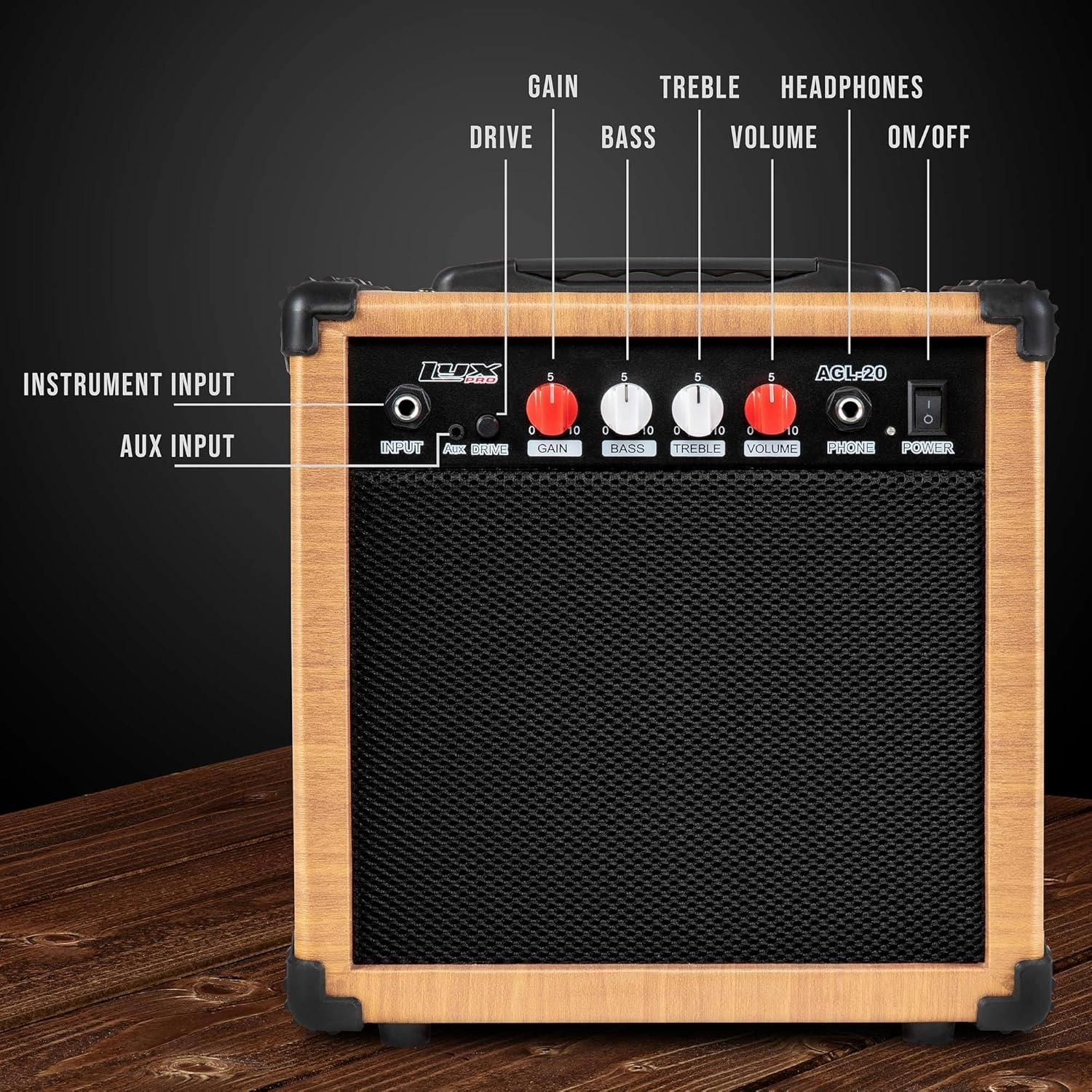 LyxPro Electric Guitar Amp 20 Watt Amplifier Built In Speaker Headphone Jack And Aux Input Includes Gain Bass Treble Volume And Grind - Natural