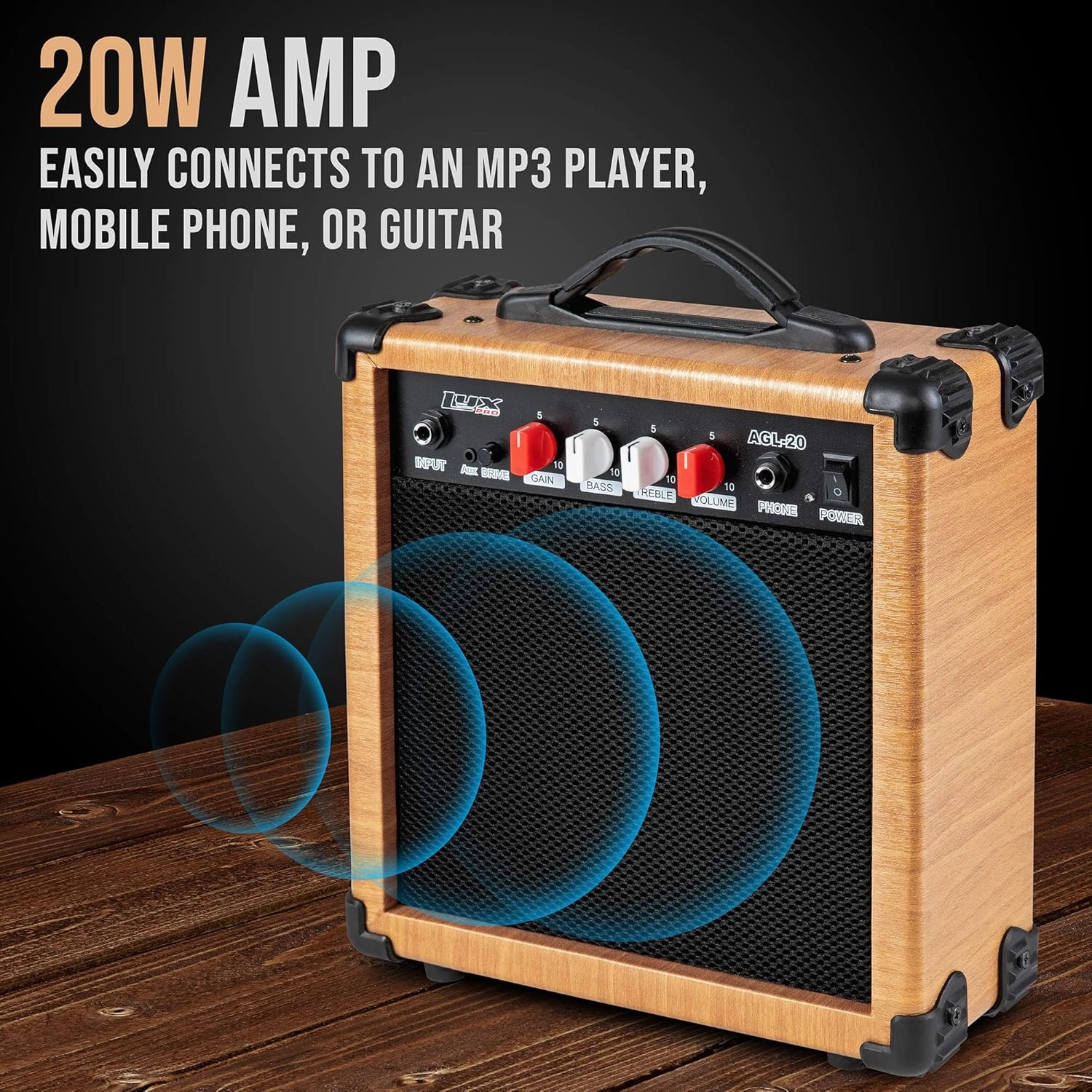 LyxPro Electric Guitar Amp 20 Watt Amplifier Built In Speaker Headphone Jack And Aux Input Includes Gain Bass Treble Volume And Grind - Natural