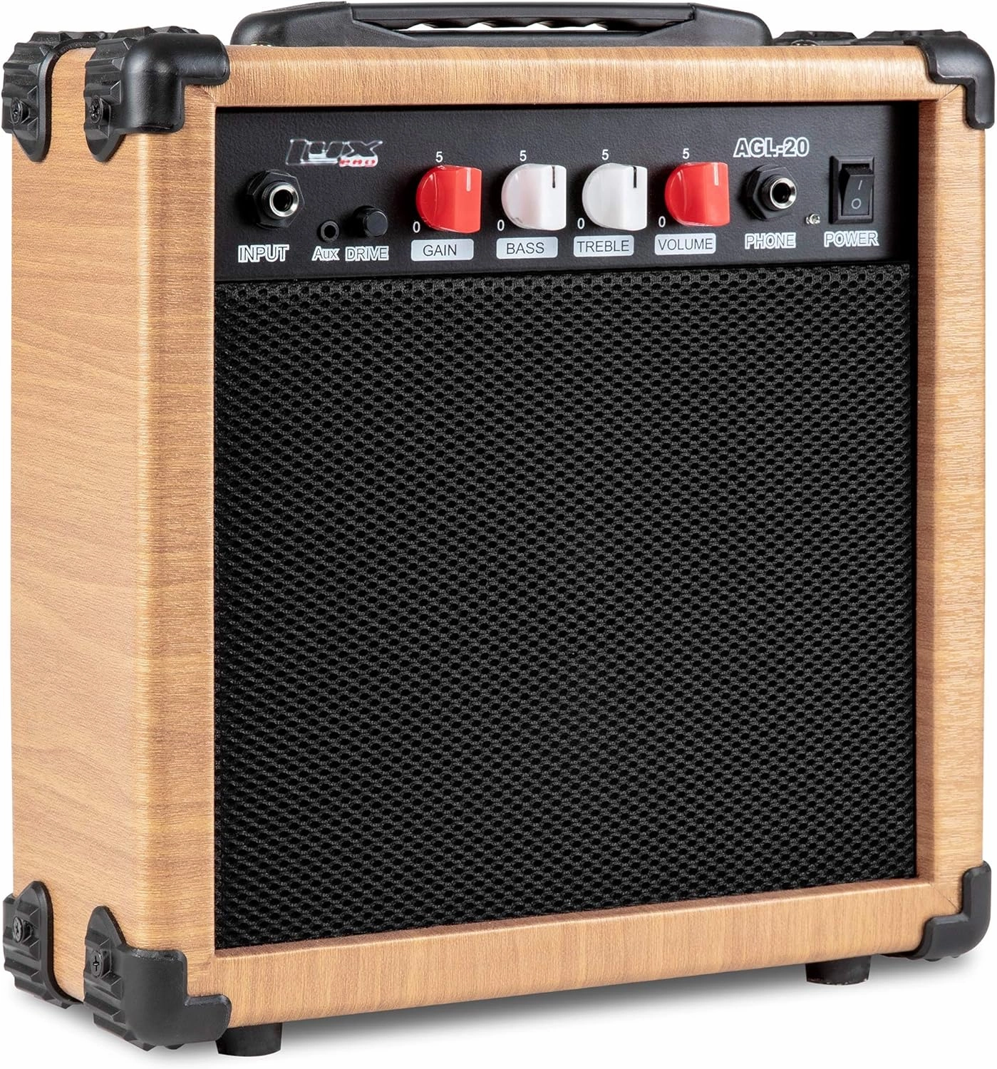 LyxPro Electric Guitar Amp 20 Watt Amplifier Built In Speaker Headphone Jack And Aux Input Includes Gain Bass Treble Volume And Grind - Natural