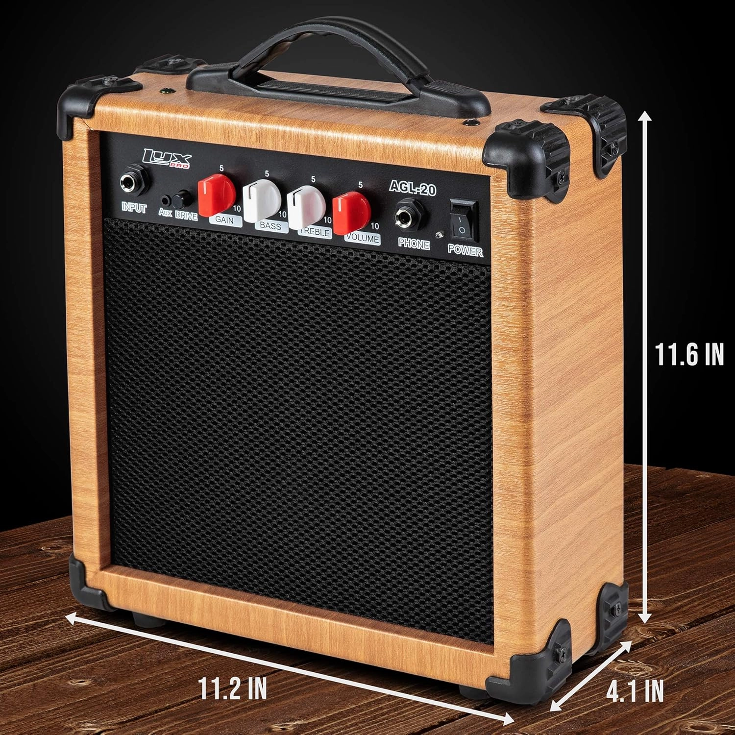 LyxPro Electric Guitar Amp 20 Watt Amplifier Built In Speaker Headphone Jack And Aux Input Includes Gain Bass Treble Volume And Grind - Natural