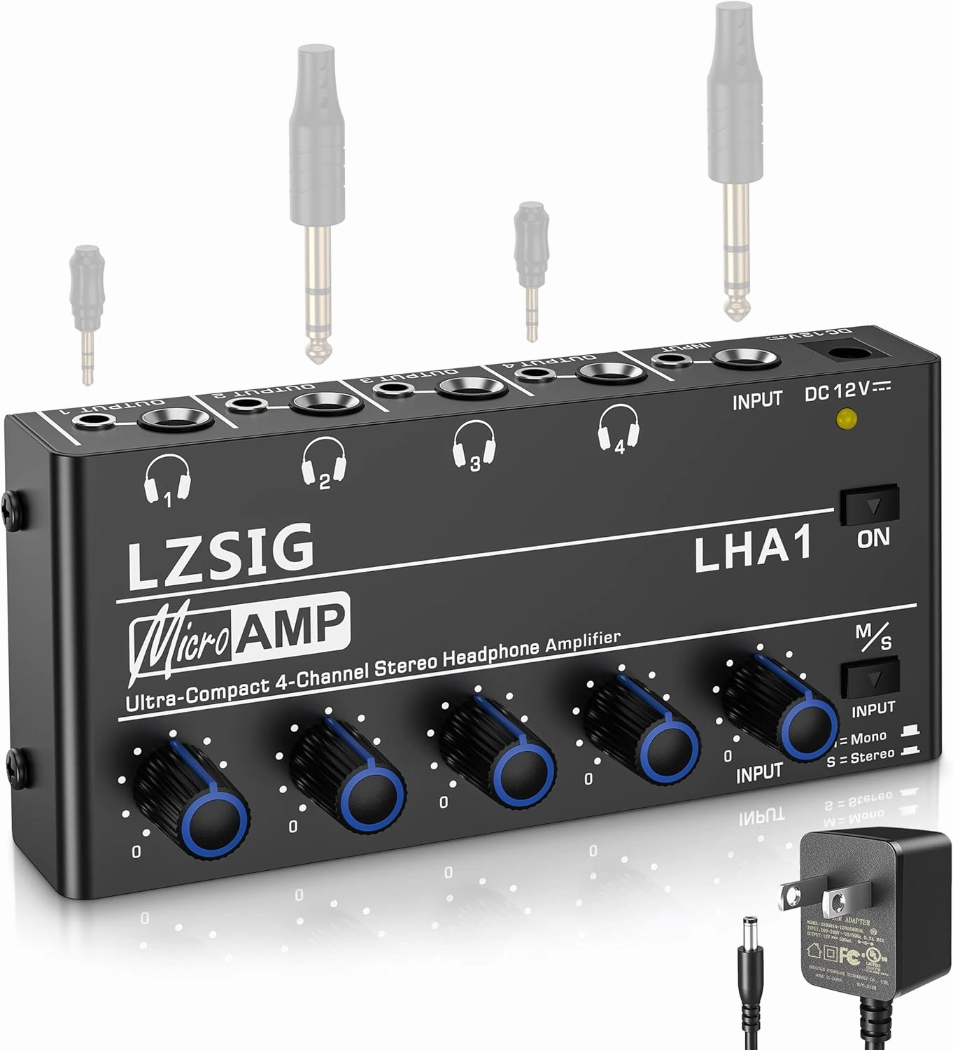 LZSIG Headphone Amplifier 4 Channel Metal Stereo Audio Amplifier,Mini Earphone Splitter with Power Adapter,1/4" & 1/8" TRS Headphones Output and TRS Audio Input,DC 12V headphone amplifier,portable amp,desktop headphone amp,