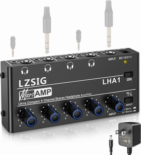 LZSIG Headphone Amplifier 4 Channel Metal Stereo Audio Amplifier,Mini Earphone Splitter with Power Adapter,1/4" & 1/8" TRS Headphones Output and TRS Audio Input,DC 12V headphone amplifier,portable amp,desktop headphone amp,