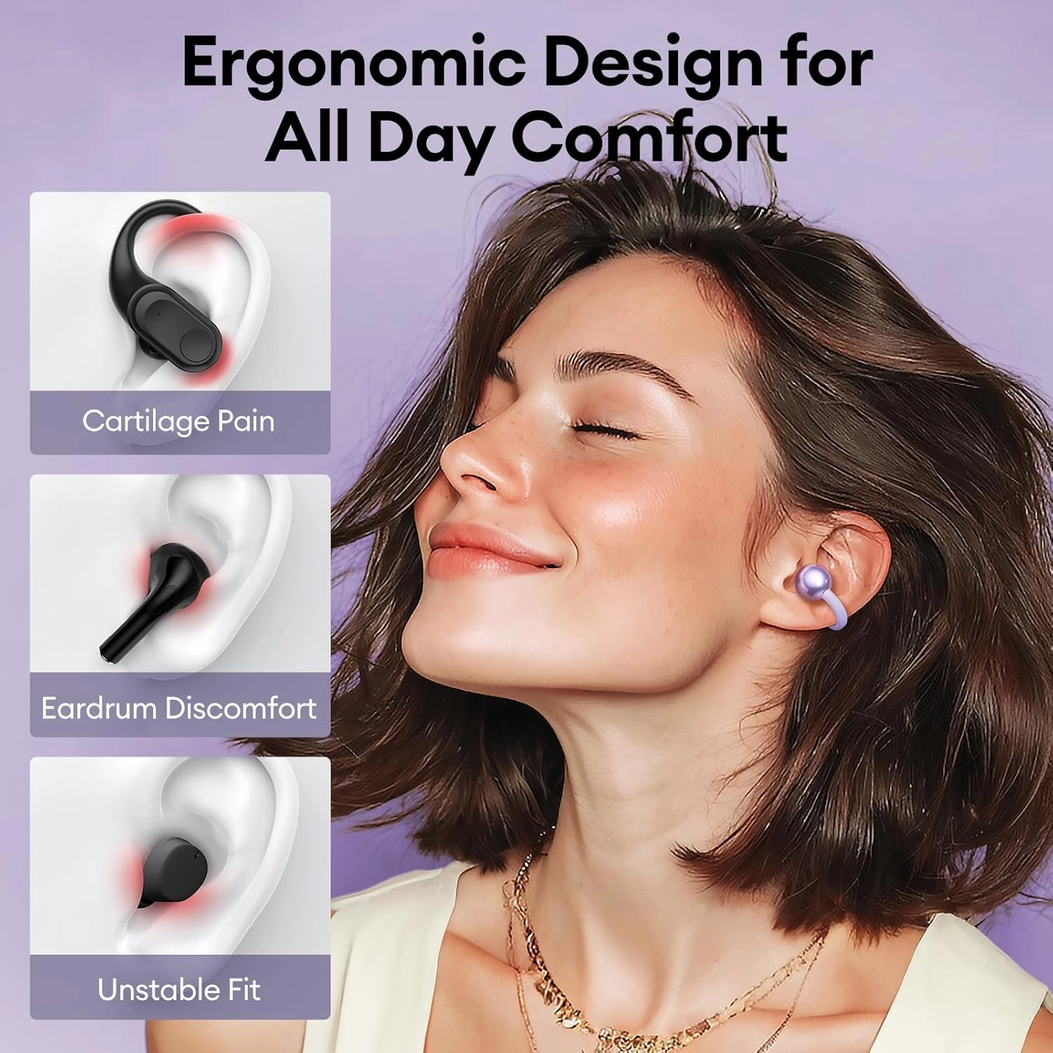 M100 Clip On Ear Headphones, Open Ear Earbuds Wireless Bluetooth 5.4, Clip On Earbuds with LCD Touchscreen, Lightweight Comfort Open Ear Headphones for Sports, Fitness, and Workouts, Purple