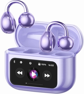 M100 Clip On Ear Headphones, Open Ear Earbuds Wireless Bluetooth 5.4, Clip On Earbuds with LCD Touchscreen, Lightweight Comfort Open Ear Headphones for Sports, Fitness, and Workouts, Purple wireless earbuds,Bluetooth earphones,true wireless stereo,