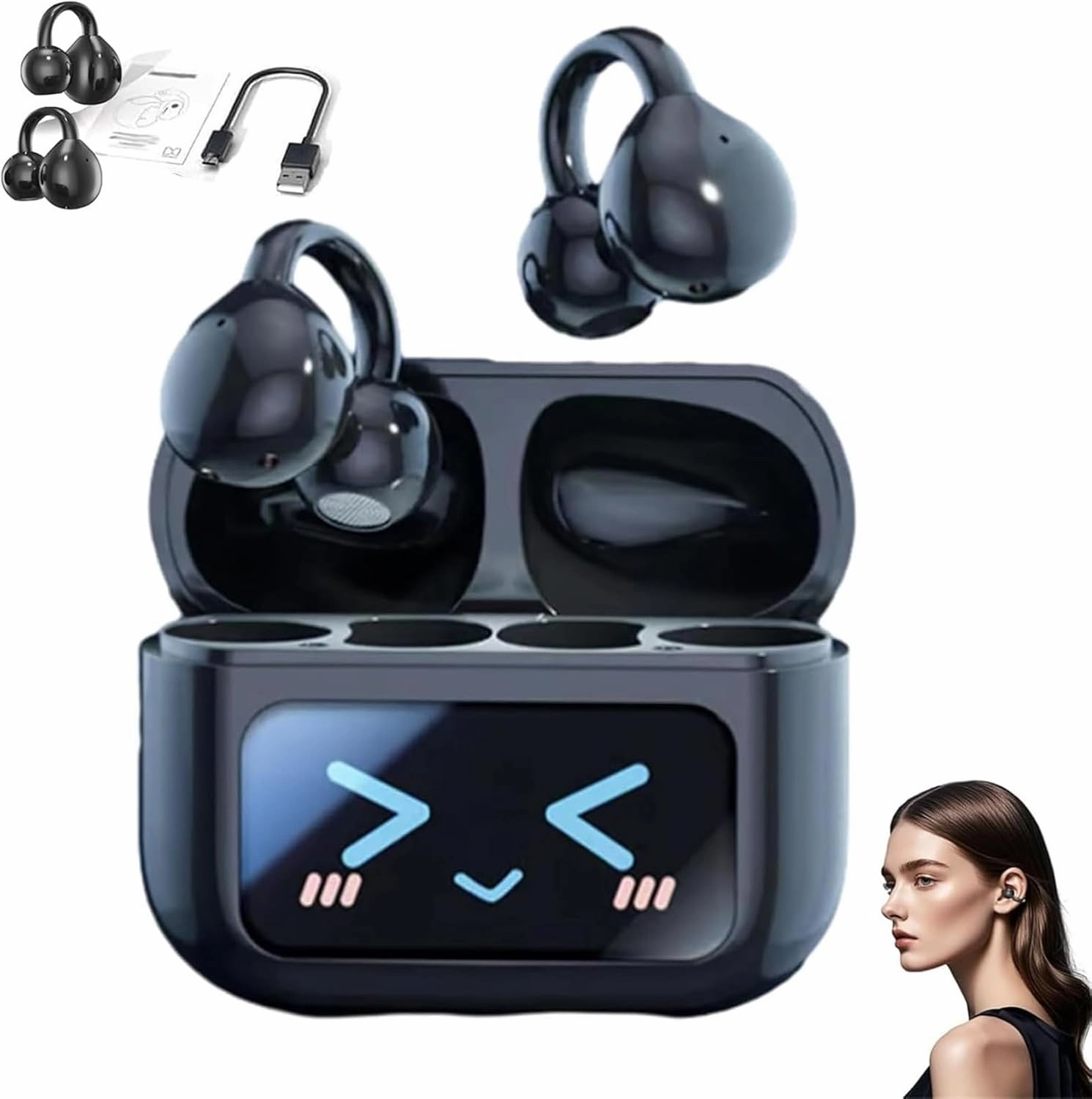 M100 Clip On Ear Headphones, Smart Touchscreen Bluetooth Earbuds, Open Ear Earbuds Wireless Bluetooth 5.4, C-Shaped Bridge Audfonos Inalmbricos (Black) wireless audio bridge,Bluetooth transmitter,WiFi audio link,