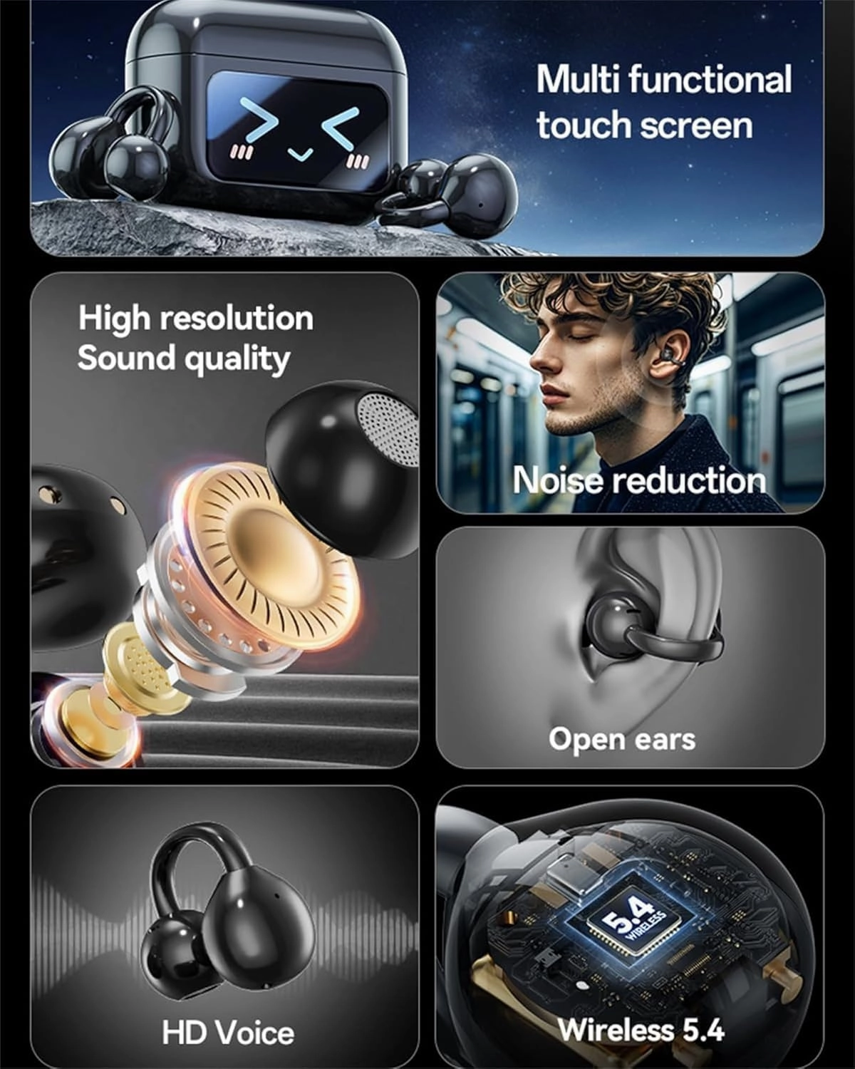 M100 Clip On Ear Headphones, Smart Touchscreen Bluetooth Earbuds, Open Ear Earbuds Wireless Bluetooth 5.4, C-Shaped Bridge Audfonos Inalmbricos (Black Purple)