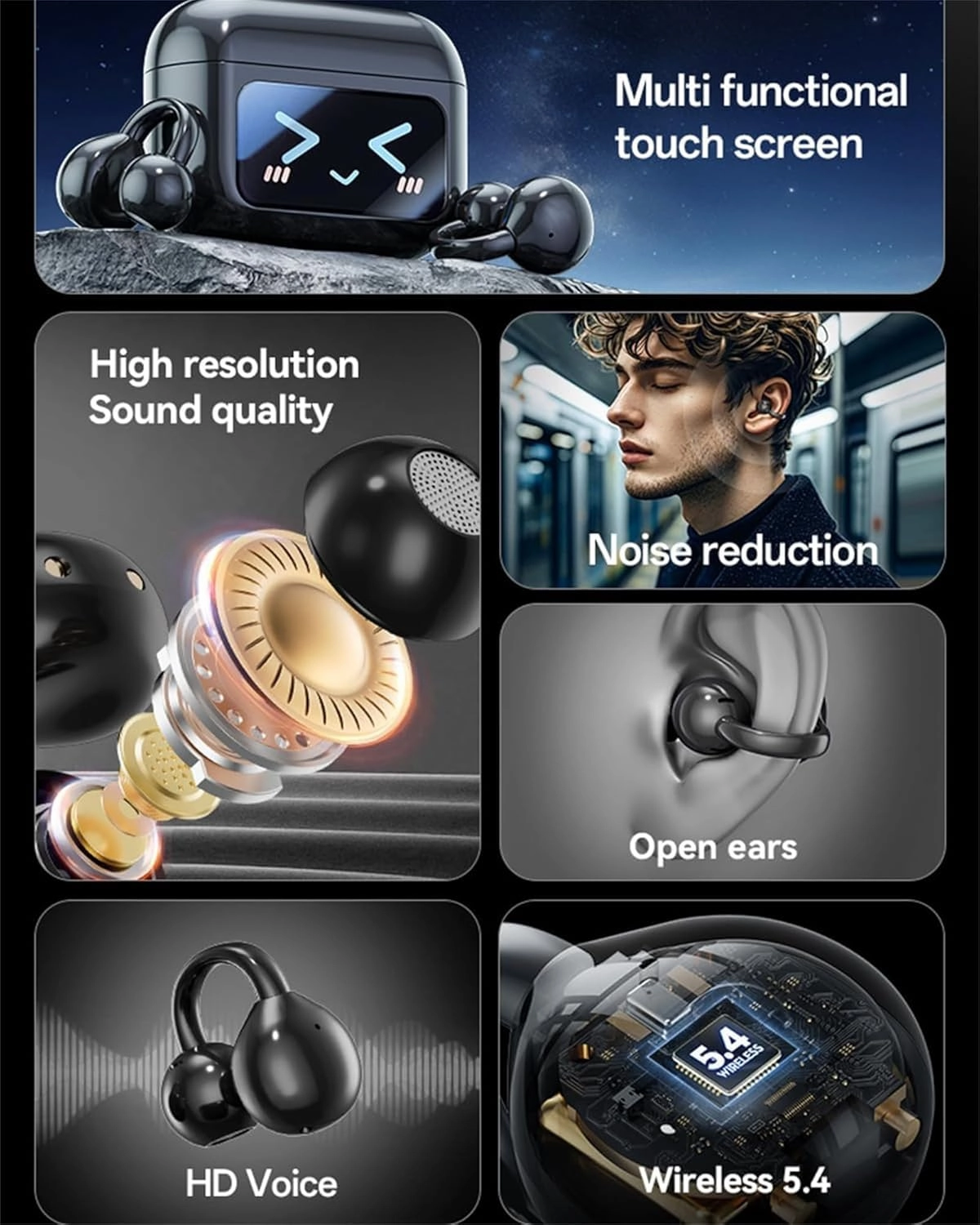 M100 Clip On Ear Headphones, Smart Touchscreen Bluetooth Earbuds, Open Ear Earbuds Wireless Bluetooth 5.4, C-Shaped Bridge Audfonos Inalmbricos (Purple)