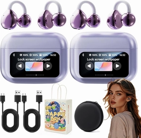 M100 Clip On Ear Headphones with Audio-Visual Future Touch Screen, 13 Functions Audio Wireless Clip on Earbuds with C-Shaped Bridge, Slim Hook (2PCS-Purple) wireless audio bridge,Bluetooth transmitter,WiFi audio link,