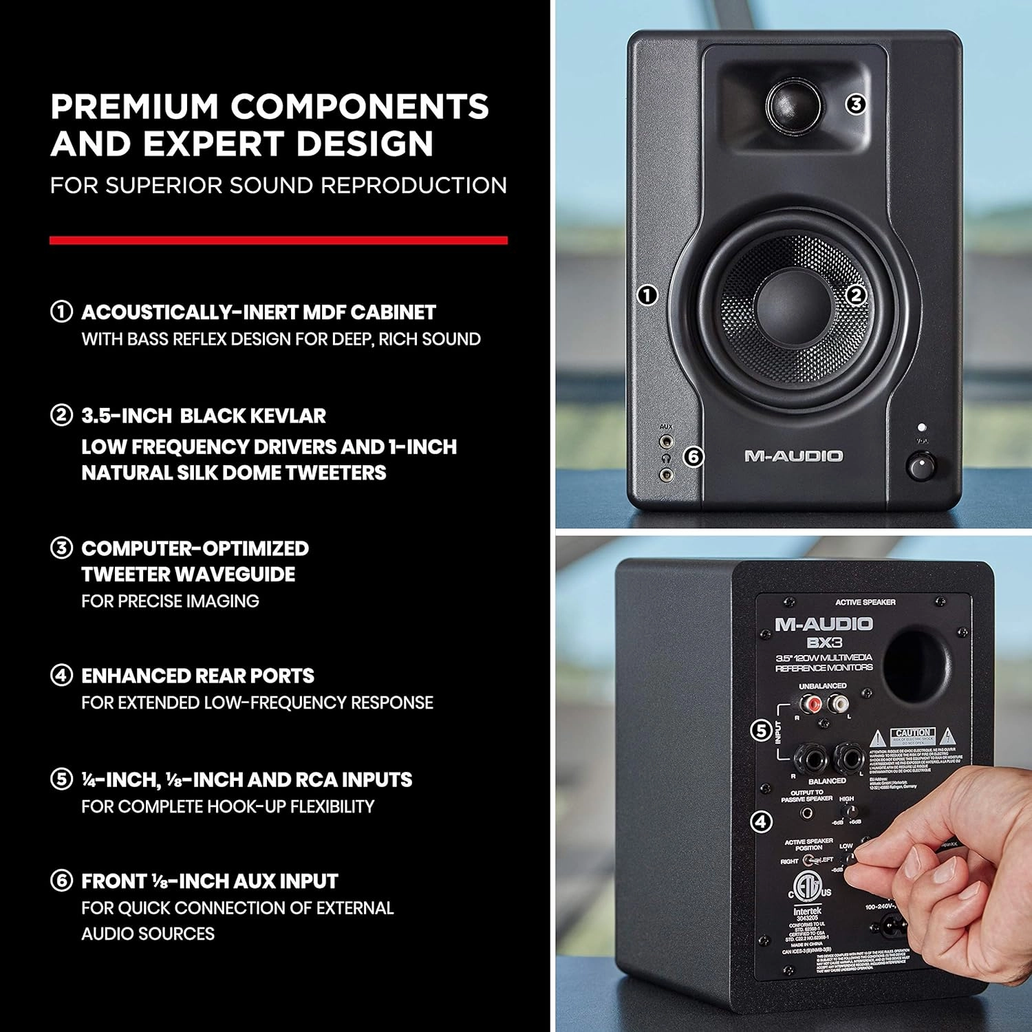 M-Audio BX3 3.5" Studio Monitors, HD PC Speakers for Recording and Multimedia with Music Production Software, 120W, Pair, Black