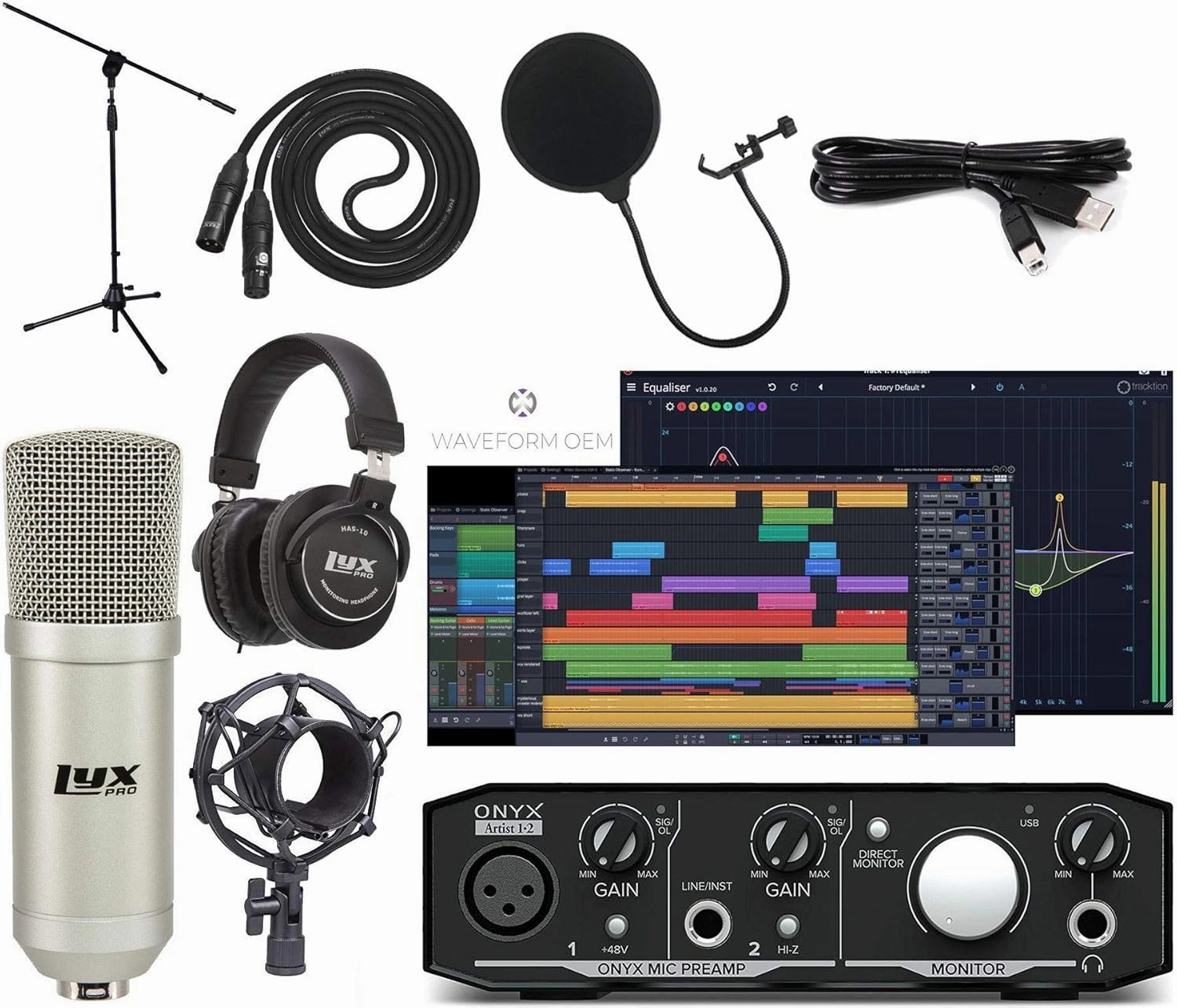 Mackie Onyx Artist 2-2 Audio/Midi interface With Pro Tools First/Tracktion Music Production Software Studio Bundle with Professional Recording Condenser Microphone audio interface,USB interface,music recording input,
