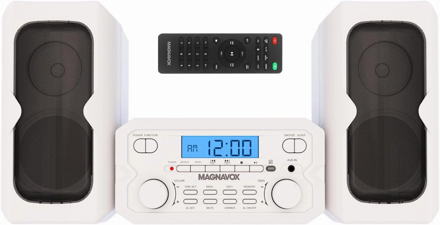 Magnavox MM435M-WH 3-Piece Compact CD Shelf System with Digital FM Stereo Radio, Bluetooth Wireless Technology, and Remote Control in White | LCD Display | AUX Port Compatible | 2022 Version | balanced output player,audiophile player,hi-res digital player,