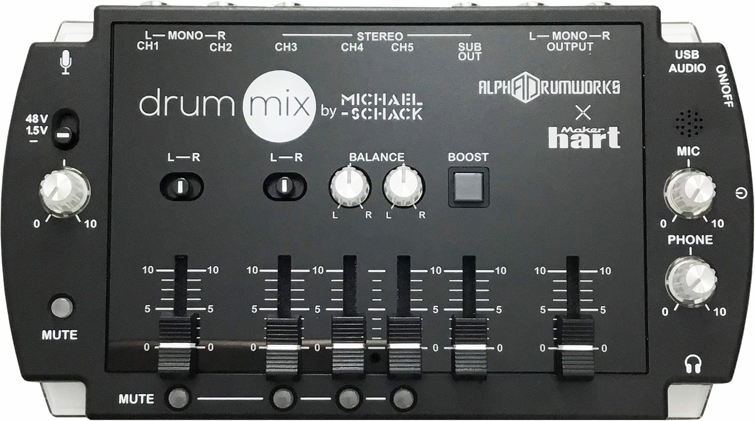 Maker hart Drum Mixer Compact 6 Ch Multitrack Audio IN/3.5mm Stereo/6.3mm Mono L/R/Mic IN/USB Audio out/Build in MIC balanced output player,audiophile player,hi-res digital player,