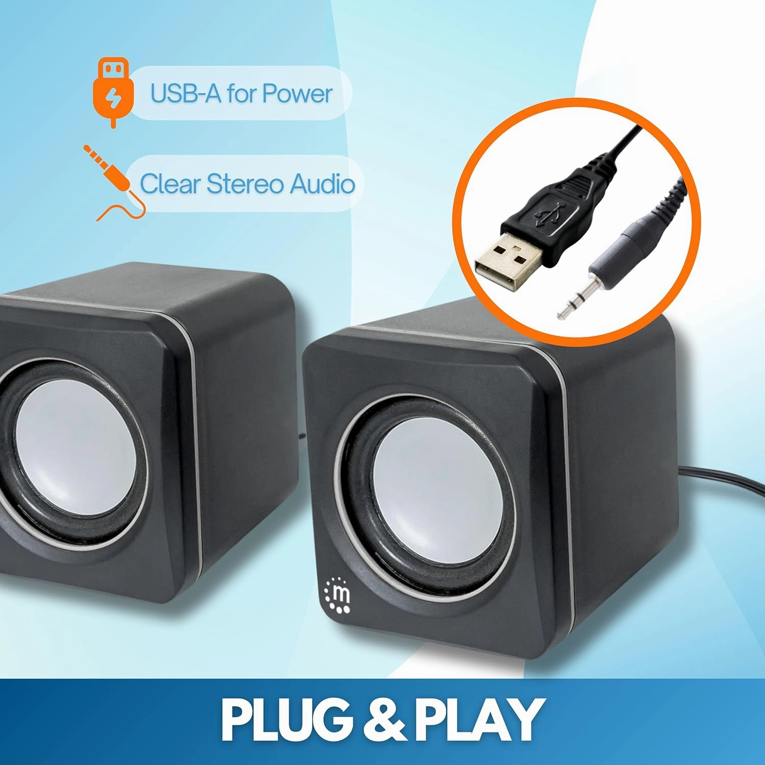 MANHATTAN USB Powered Stereo Speaker System - Small Size - with Volume Control & 3.5 mm Audio Plug to Connect to Laptop, Notebook, Desktop, Computer - 3 Yr Mfg Warranty - Black Silver, 166898