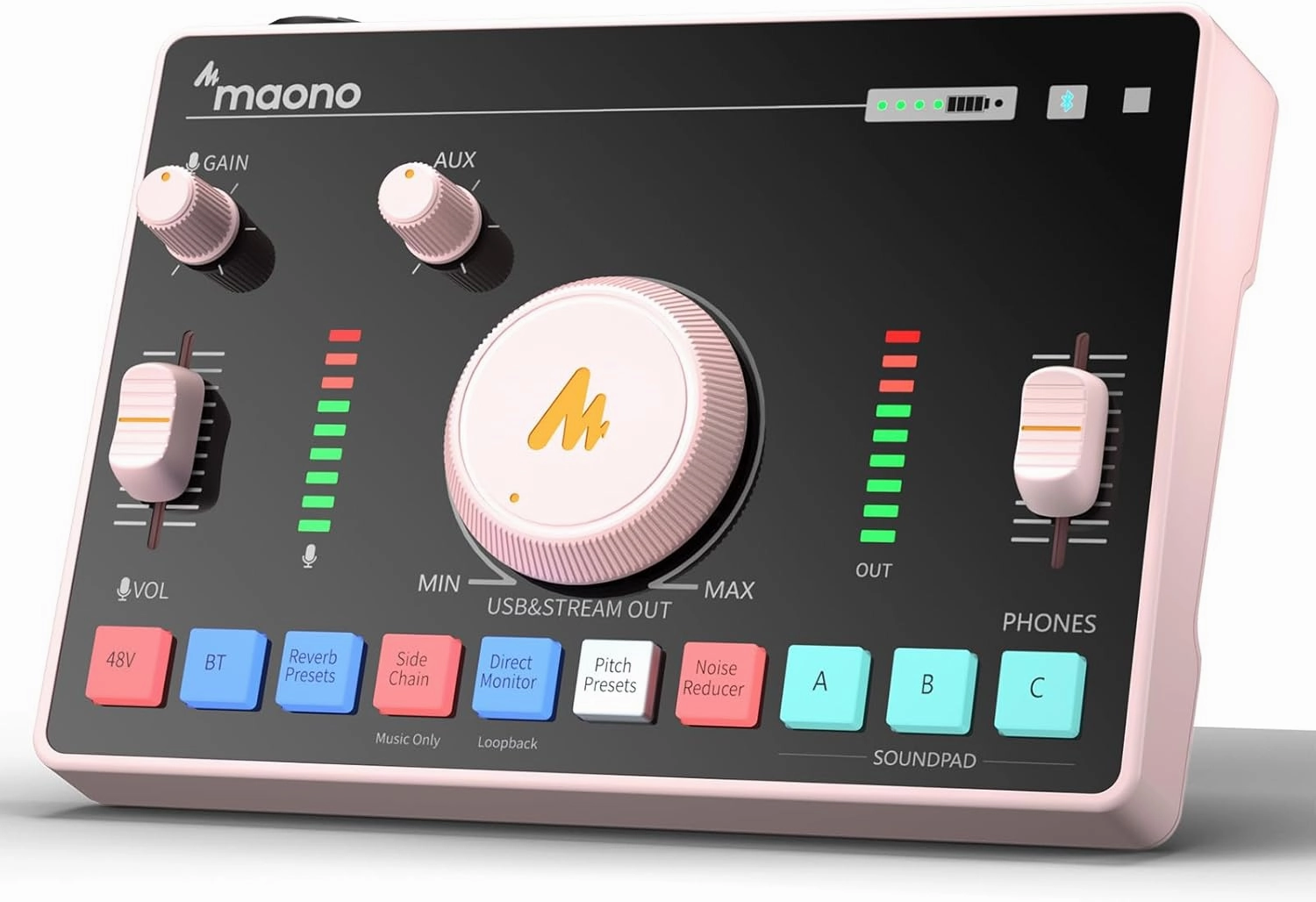 MAONO Streaming Audio Mixer, Audio Interface with Pro-preamp, Bluetooth, Built-in Battery, Noise Cancellation, 48V Phantom Power for Live Streaming, Podcasting, Gaming MaonoCaster AMC2 NEO Pink audio interface,USB interface,music recording input,
