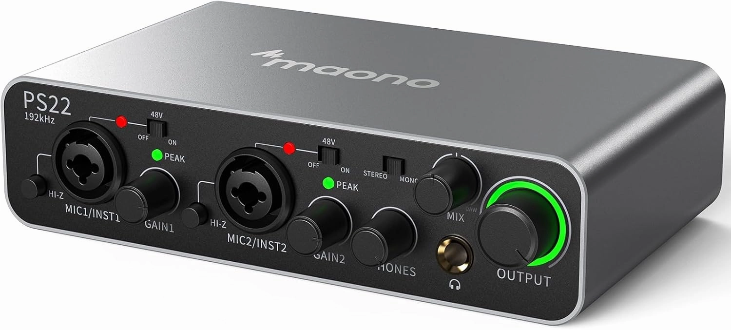 MAONO USB Audio interface for PC with 60 dB Pro-preamp, 24bit/192kHz, Dual USB interface for PC&Smartphone, Routing Software for Home Recording, Music Production, Guitar, Podcast, Streaming(PS22) audio interface,USB interface,music recording input,