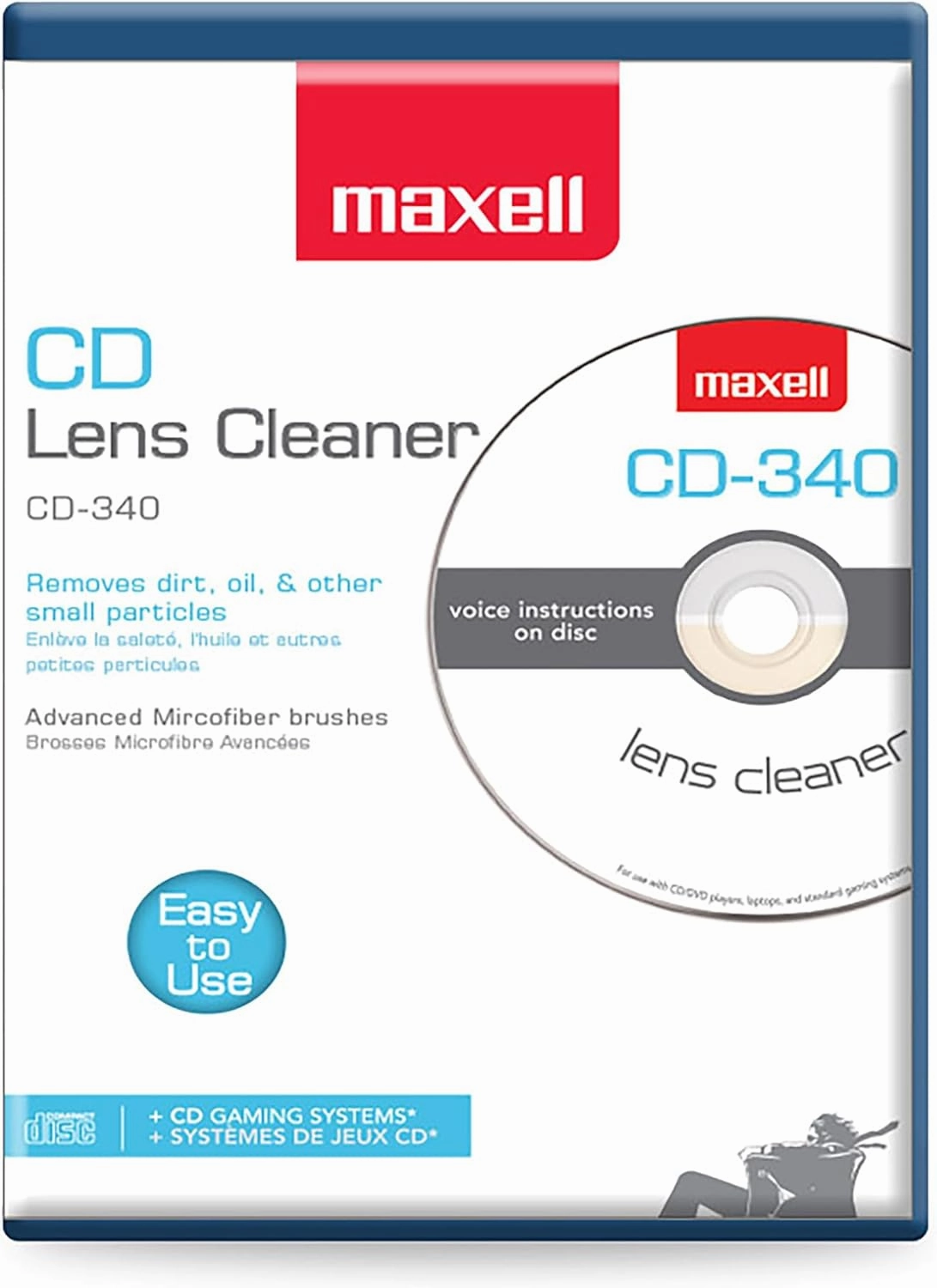 Maxell  Pro 190048 CD-340 Laser Lens Cleaner - Safe & Effective CD Player & Game Station Compact Disc Cleaner - Microfiber Brushes Eliminates Static & Dust - Easy to Use with No Chemicals record cleaning kit,vinyl cleaner,stylus brush set,