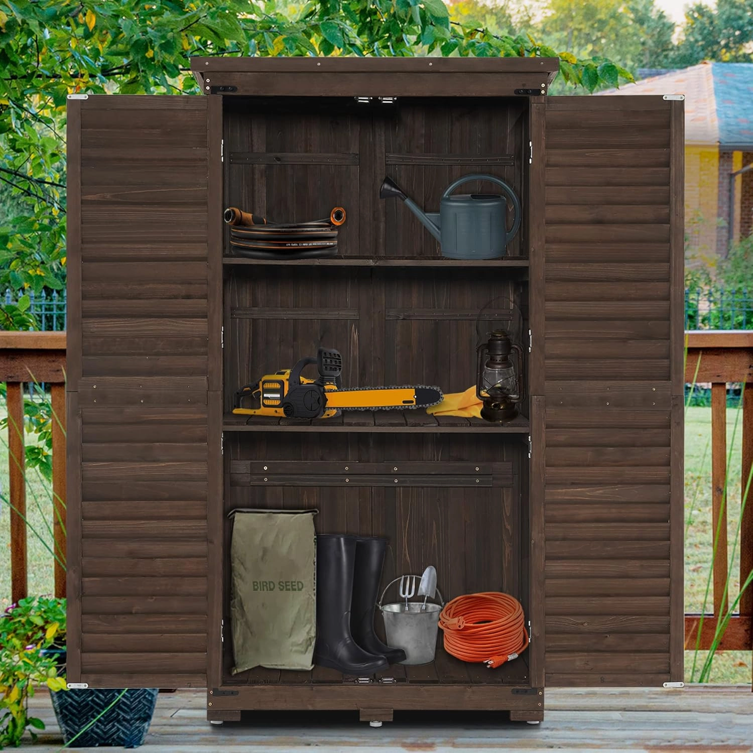 MCombo Outdoor Storage Cabinet, Garden Storage Shed, Outside Vertical Shed with Lockers, Outdoor 63 Inches Wood Tall Cabinet for Yard and Patio 0870 (Brown)