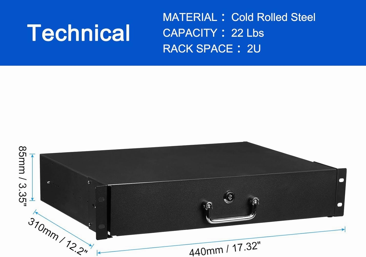 MECCANIXITY 2U Rack Mount Drawer for 17.3 Inch AV/Network/DJ Equipment Racks or Cabinets with Lock and Key