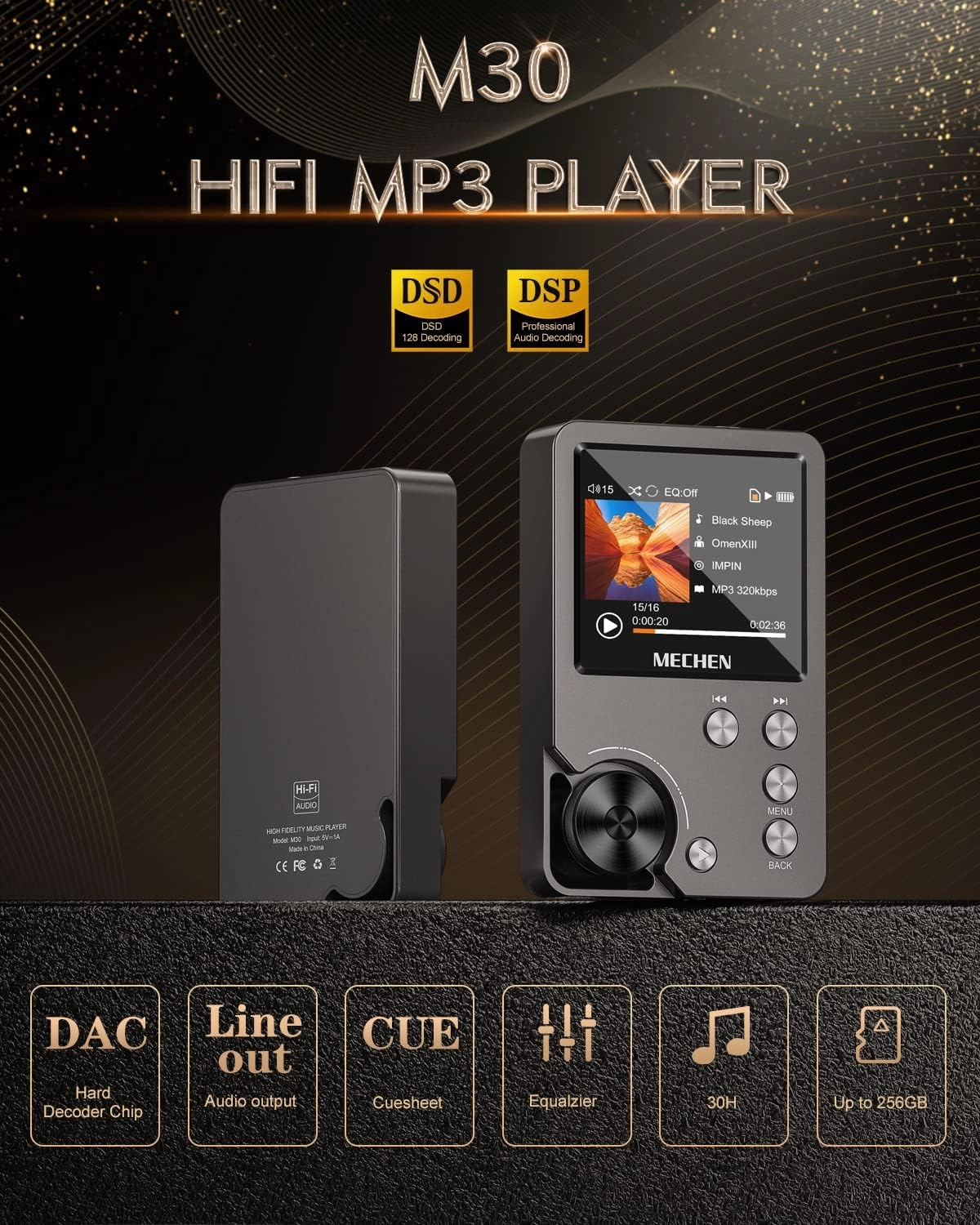 MECHEN M30 HiFi MP3 Player, Lossless DSD High Resolution Digital Audio Music Player, High-Res Portable Audio Player with 64GB Memory Card (Gray)