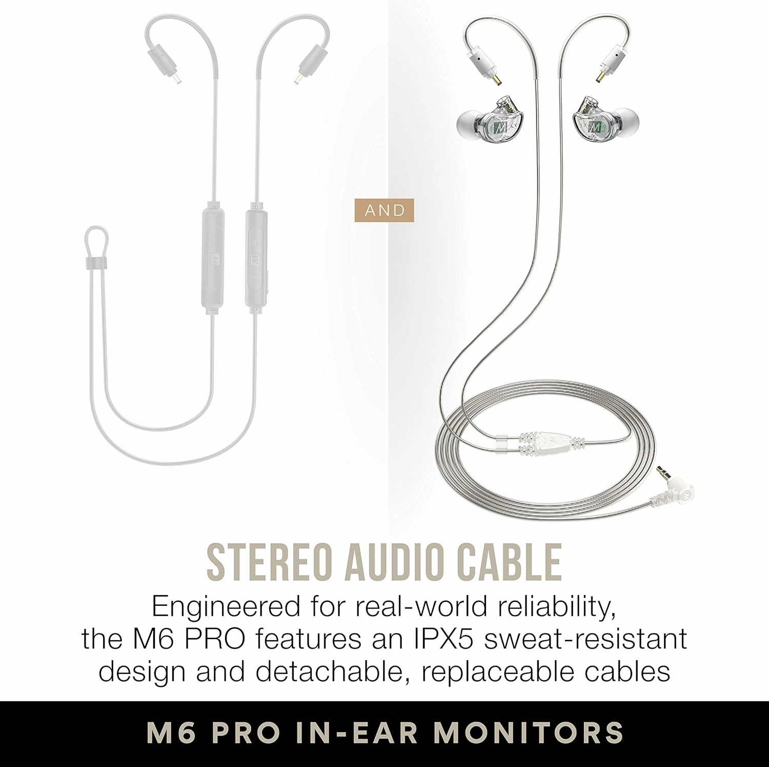 MEE audio M6 PRO Musicians' In-Ear Monitors Wired   Wireless Combo Pack: Includes Stereo Audio Cable and Bluetooth Audio Adapter (Clear) (CMB-M6PROBT-CL)
