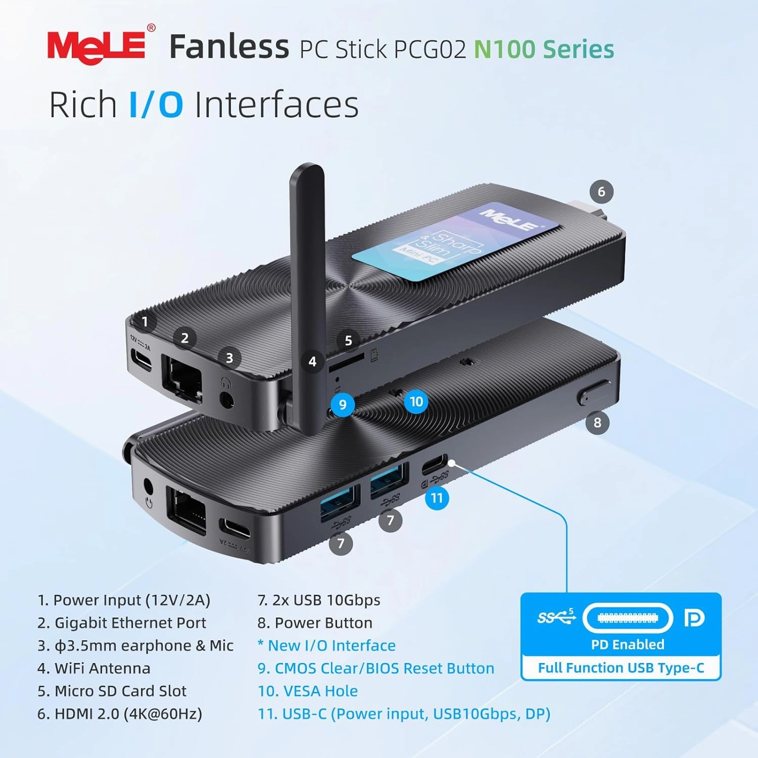 MeLE PCG02 N100 Slim Mini PC Stick 8GB LPDDR4x 128GB, Full Function USB-C Fanless Mini Computer Stick Dual HDMI 4K Display 2.4G/5G WiFi BT5.1 GbE Micro PC with VESA Mount, on NAS, IoT, Digital Signage