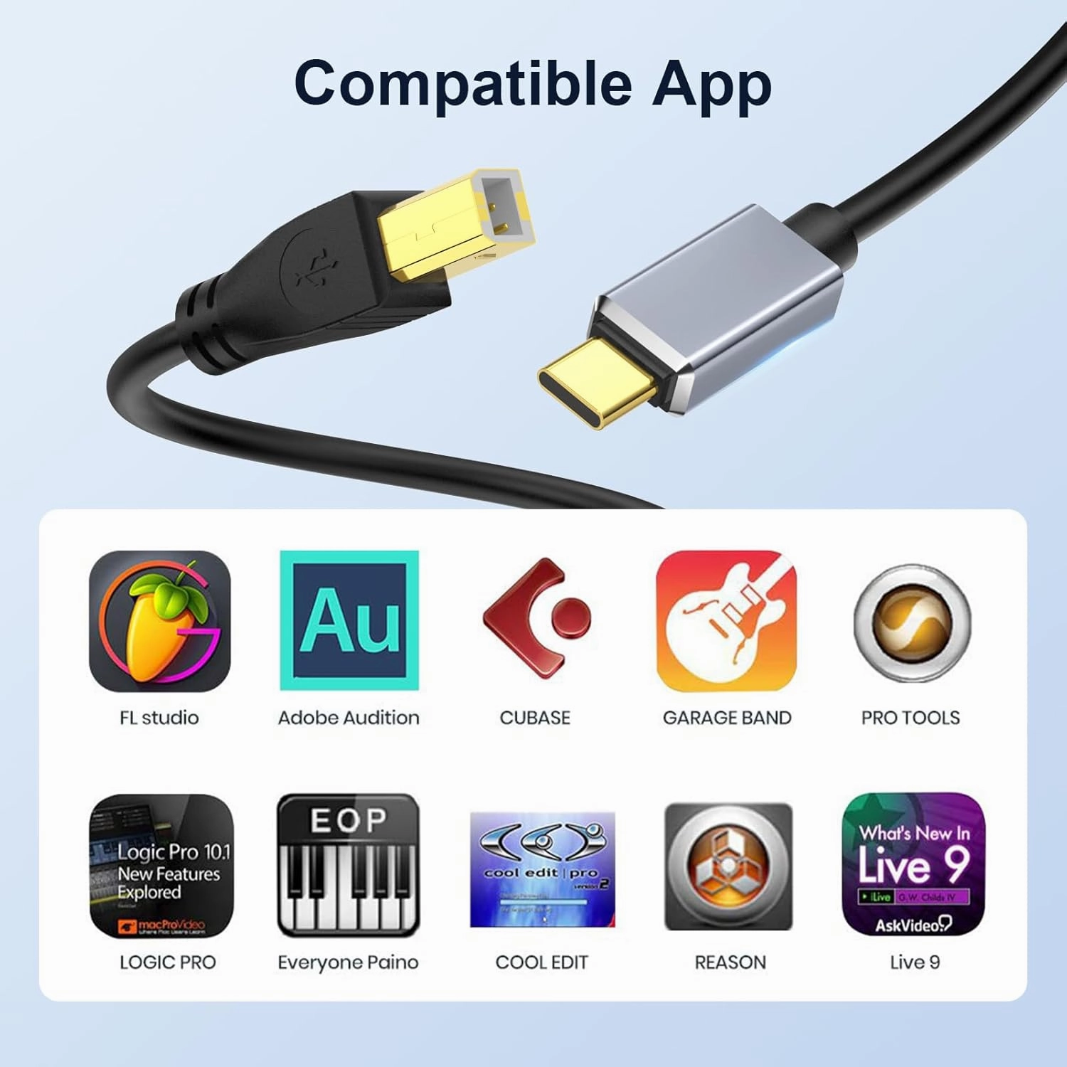 MeloAudio USB C MIDI Cable, Type C to USB 2.0 MIDI Interface Cable for Midi Controller, Keyboard, Audio Interface for ipad, Samsung, Laptop, MacBook, 5FT USB B to USB C Printer Cable Black