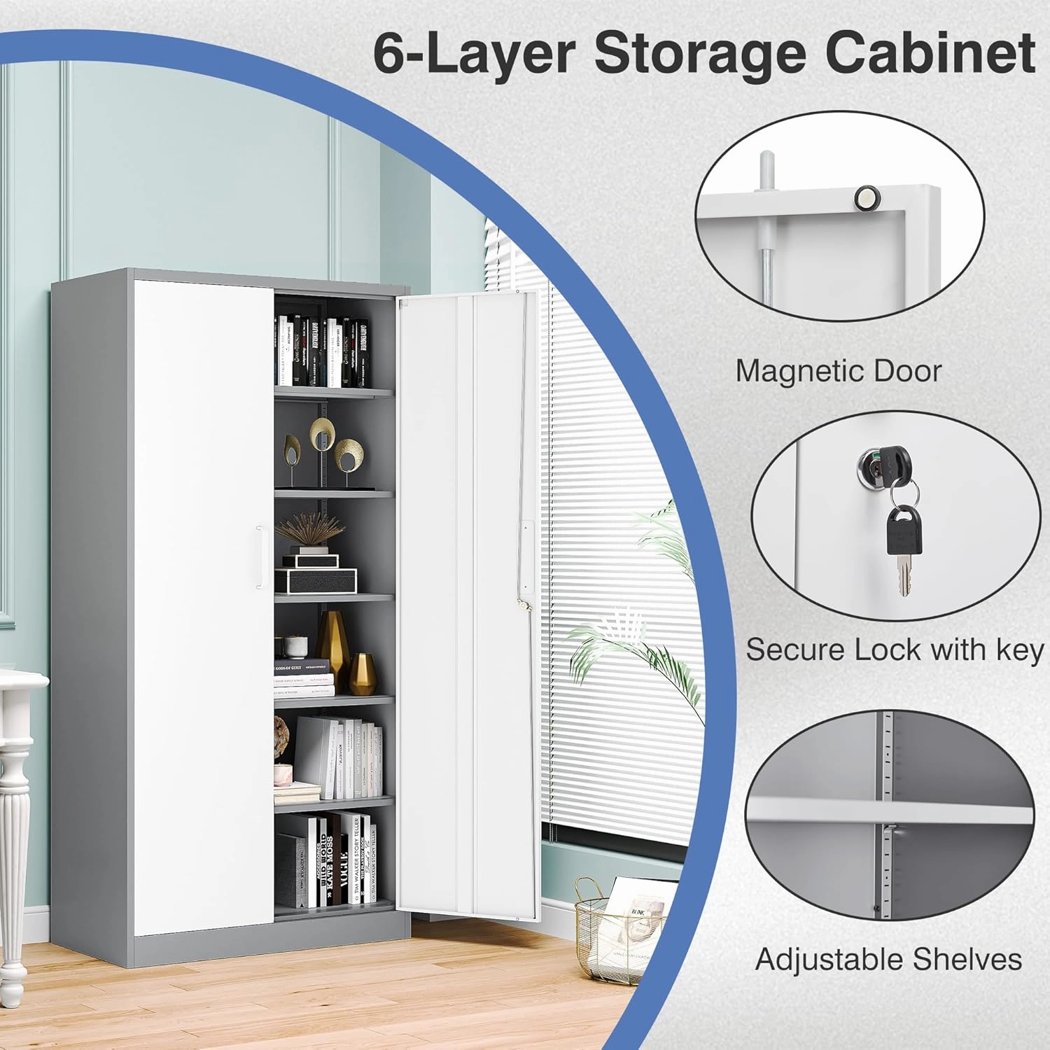 Metal File Cabinet,Locking Storage Cabinet with 2 Doors and 5 Adjustbale Shelves,Steel Tool Cabinet for Garage,Basement,Home Office