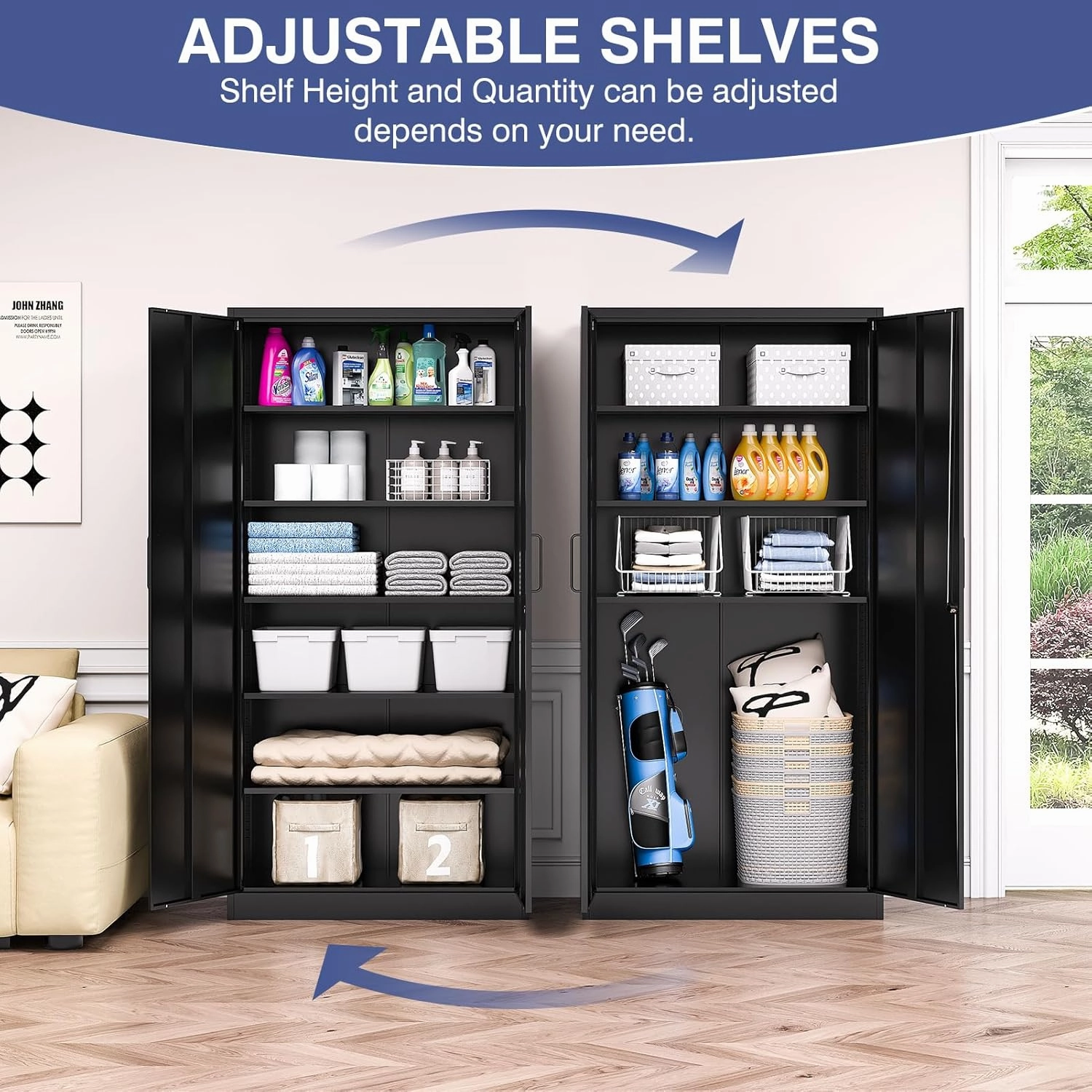 Metal Garage Storage Cabinet,Tall Black Cabinet with Doors and Adjustbale Shelves,Lockable Tool Cabinet for Garage,Basement,Home Office