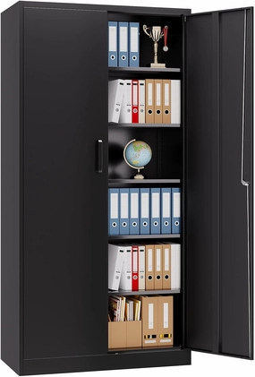 Metal Garage Storage Cabinet,Tall Black Cabinet with Doors and Adjustbale Shelves,Lockable Tool Cabinet for Garage,Basement,Home Office equipment cabinet,AV gear cabinet,component enclosure,