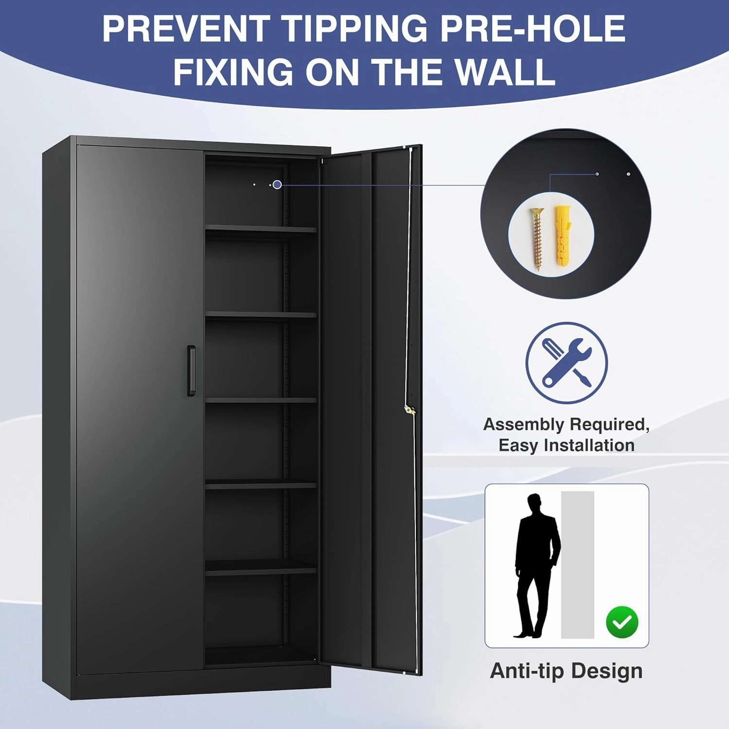 Metal Garage Storage Cabinet,Tall Black Cabinet with Doors and Adjustbale Shelves,Lockable Tool Cabinet for Garage,Basement,Home Office