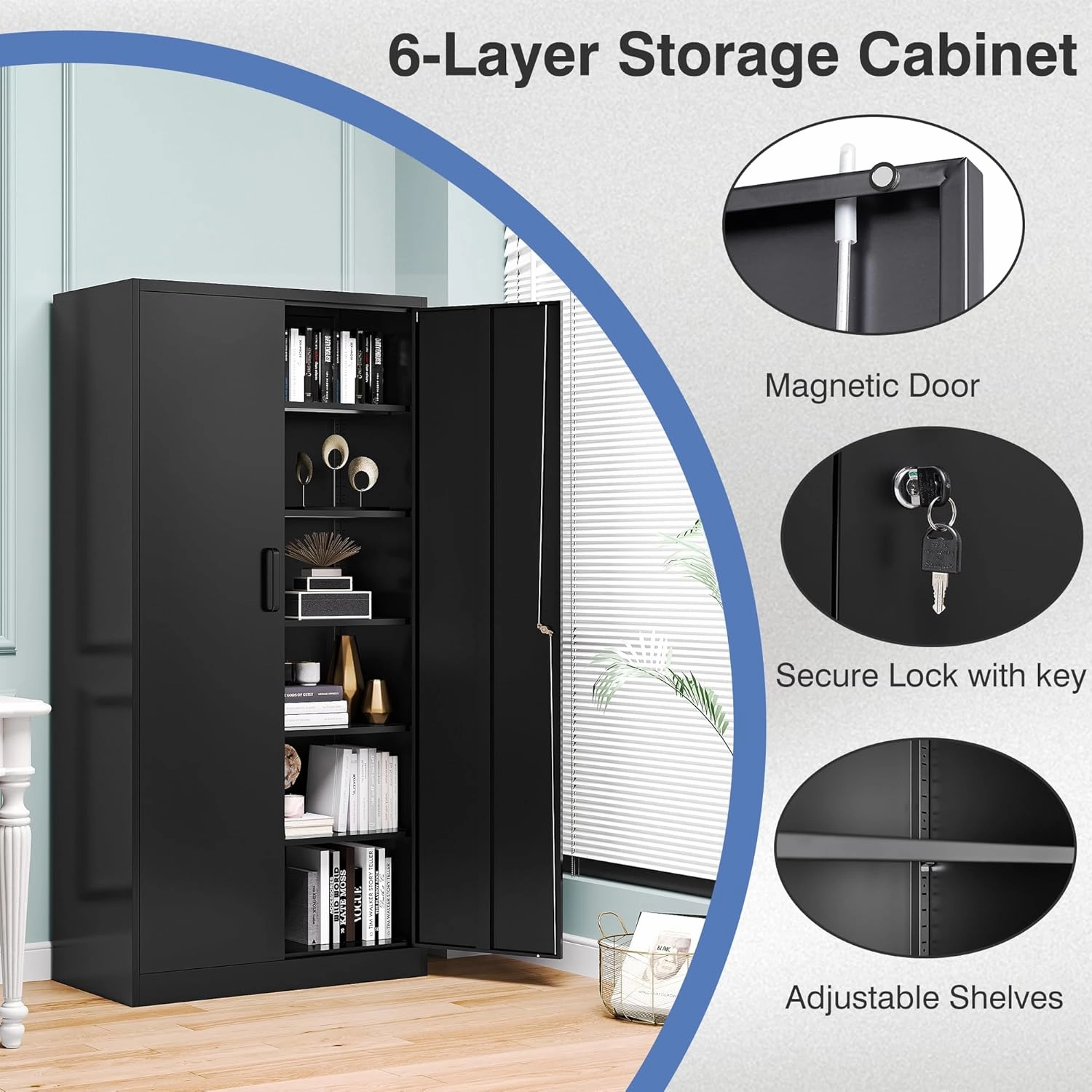Metal Garage Storage Cabinet,Tall Black Cabinet with Doors and Adjustbale Shelves,Lockable Tool Cabinet for Garage,Basement,Home Office
