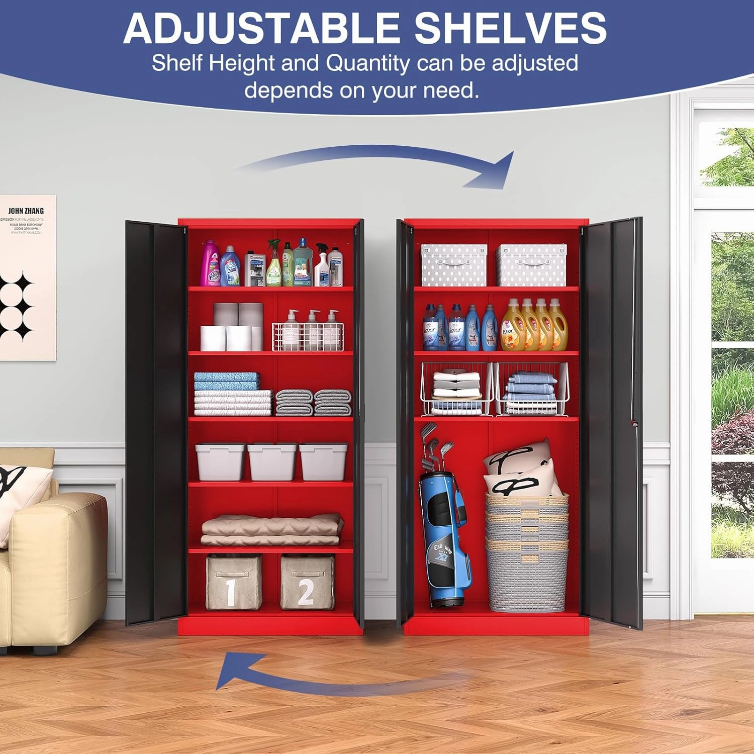 Metal Storage Cabinet with Lock,71 Inch Garage Cabinet with 2 Doors and 5 Adjustable Shelves,Steel Storage Cabinets for Garage,Home Office,Pantry,School(Red & Black)