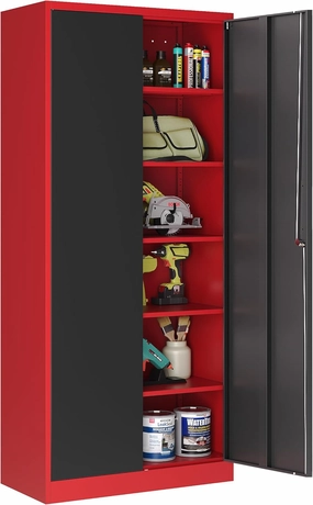 Metal Storage Cabinet with Lock,71 Inch Garage Cabinet with 2 Doors and 5 Adjustable Shelves,Steel Storage Cabinets for Garage,Home Office,Pantry,School(Red & Black) equipment cabinet,AV gear cabinet,component enclosure,