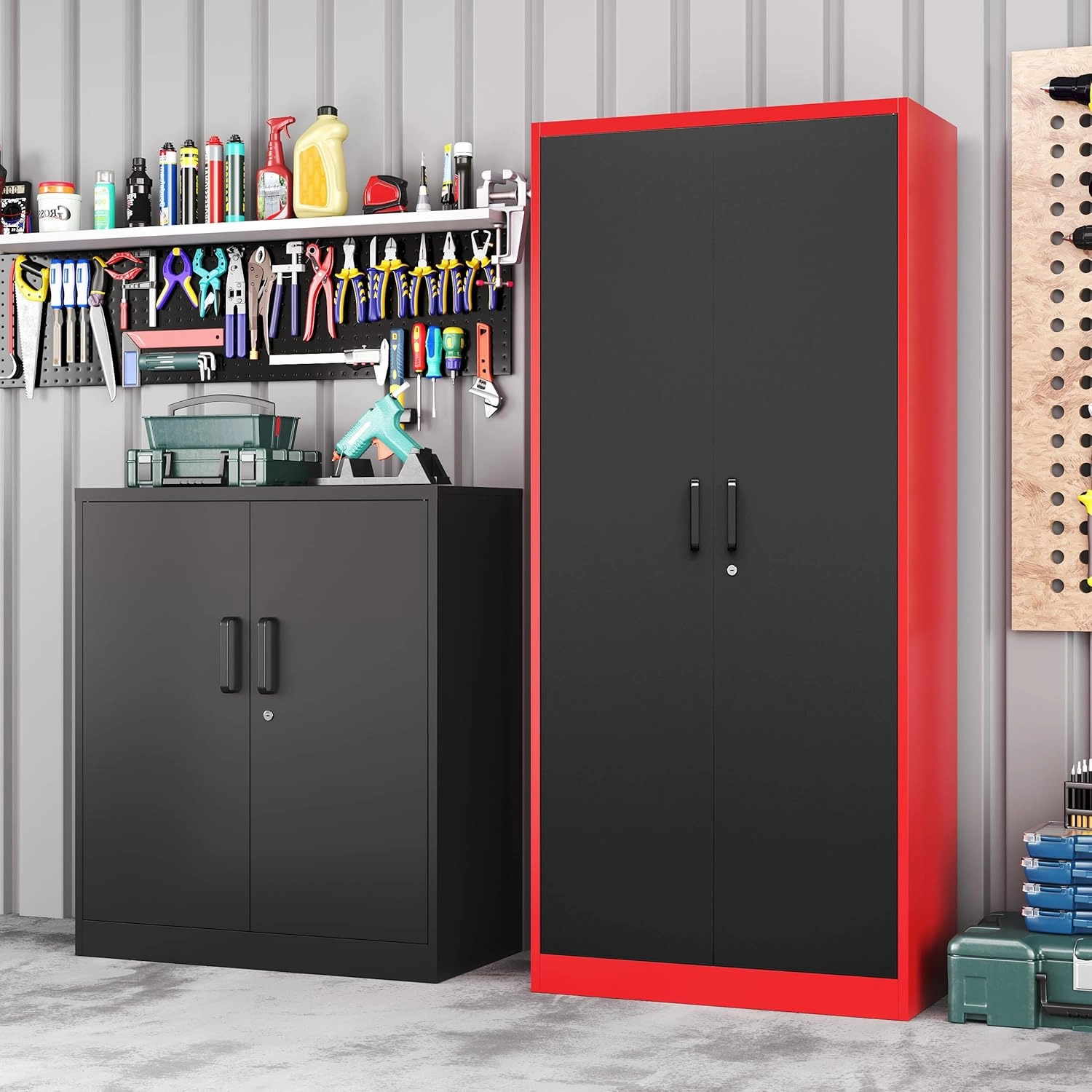 Metal Storage Cabinet with Lock,71 Inch Garage Cabinet with 2 Doors and 5 Adjustable Shelves,Steel Storage Cabinets for Garage,Home Office,Pantry,School(Red & Black)