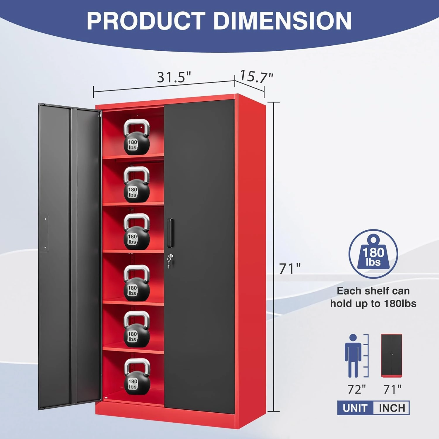 Metal Storage Cabinet with Lock,71 Inch Garage Cabinet with 2 Doors and 5 Adjustable Shelves,Steel Storage Cabinets for Garage,Home Office,Pantry,School(Red & Black)