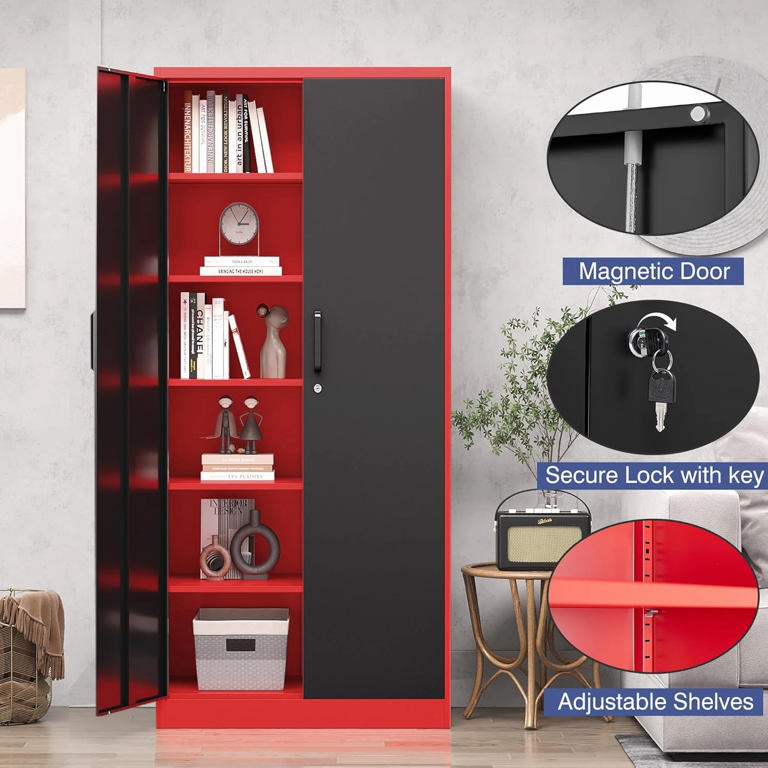 Metal Storage Cabinet with Lock,71 Inch Garage Cabinet with 2 Doors and 5 Adjustable Shelves,Steel Storage Cabinets for Garage,Home Office,Pantry,School(Red & Black)