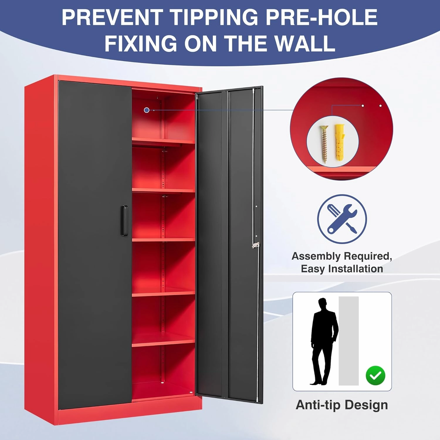 Metal Storage Cabinet with Lock,71 Inch Garage Cabinet with 2 Doors and 5 Adjustable Shelves,Steel Storage Cabinets for Garage,Home Office,Pantry,School(Red & Black)
