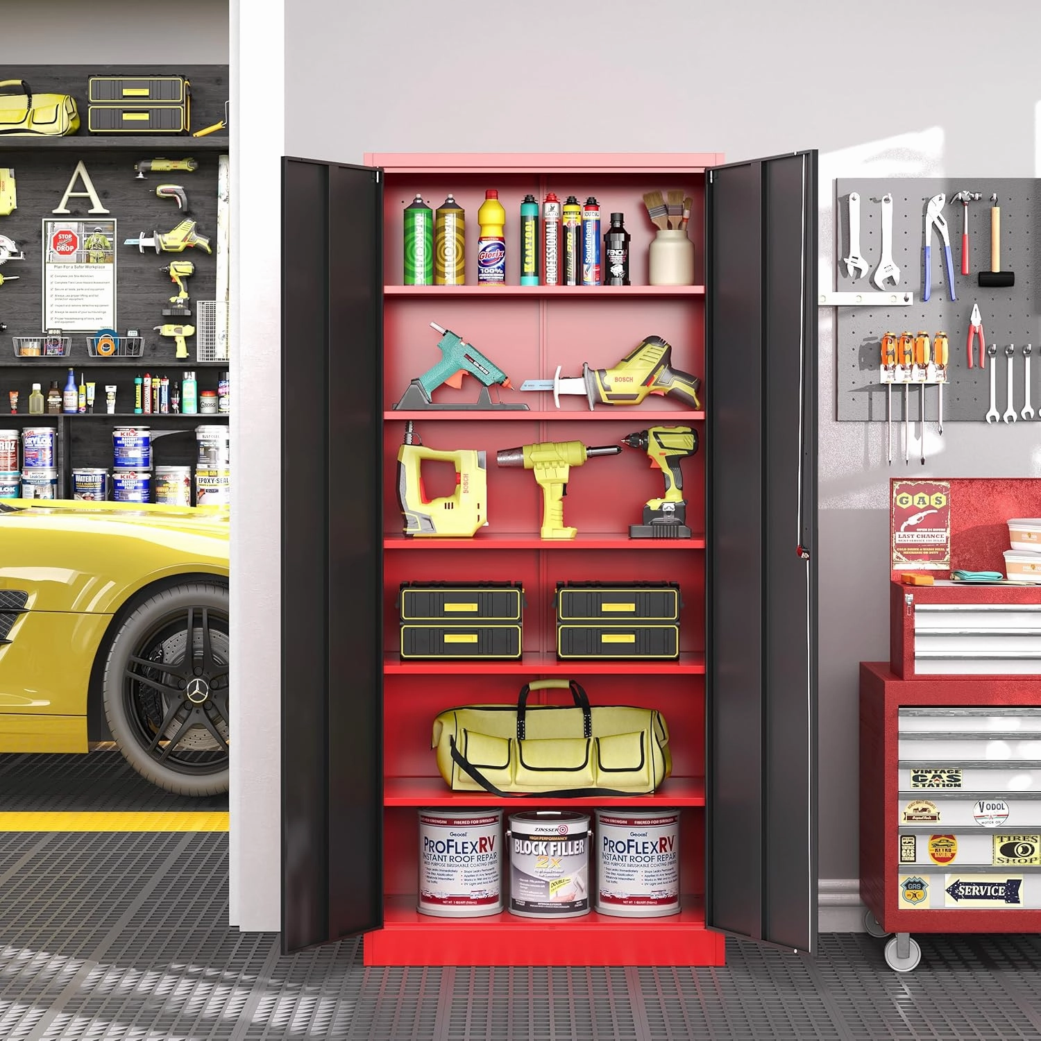 Metal Storage Cabinet with Lock,71 Inch Garage Cabinet with 2 Doors and 5 Adjustable Shelves,Steel Storage Cabinets for Garage,Home Office,Pantry,School(Red & Black)
