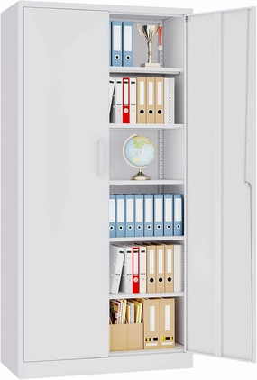 Metal Storage Cabinet with Lock,Tall White File Cabinet with 2 Doors and 5 Adjustable Shelves,Steel Storage Cabinets for Garage,Home Office,Pantry,School,Hospital equipment cabinet,AV gear cabinet,component enclosure,